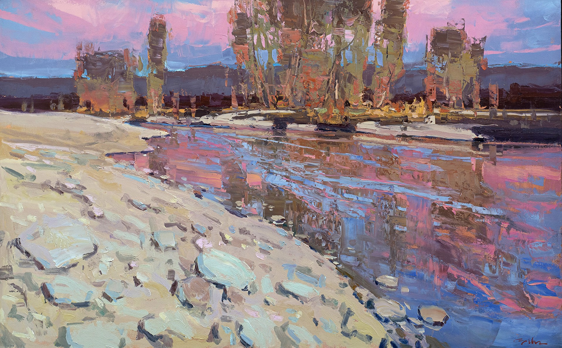 Original Oil Painting By Silas Thompson Featuring A River Landscape At Sunrise