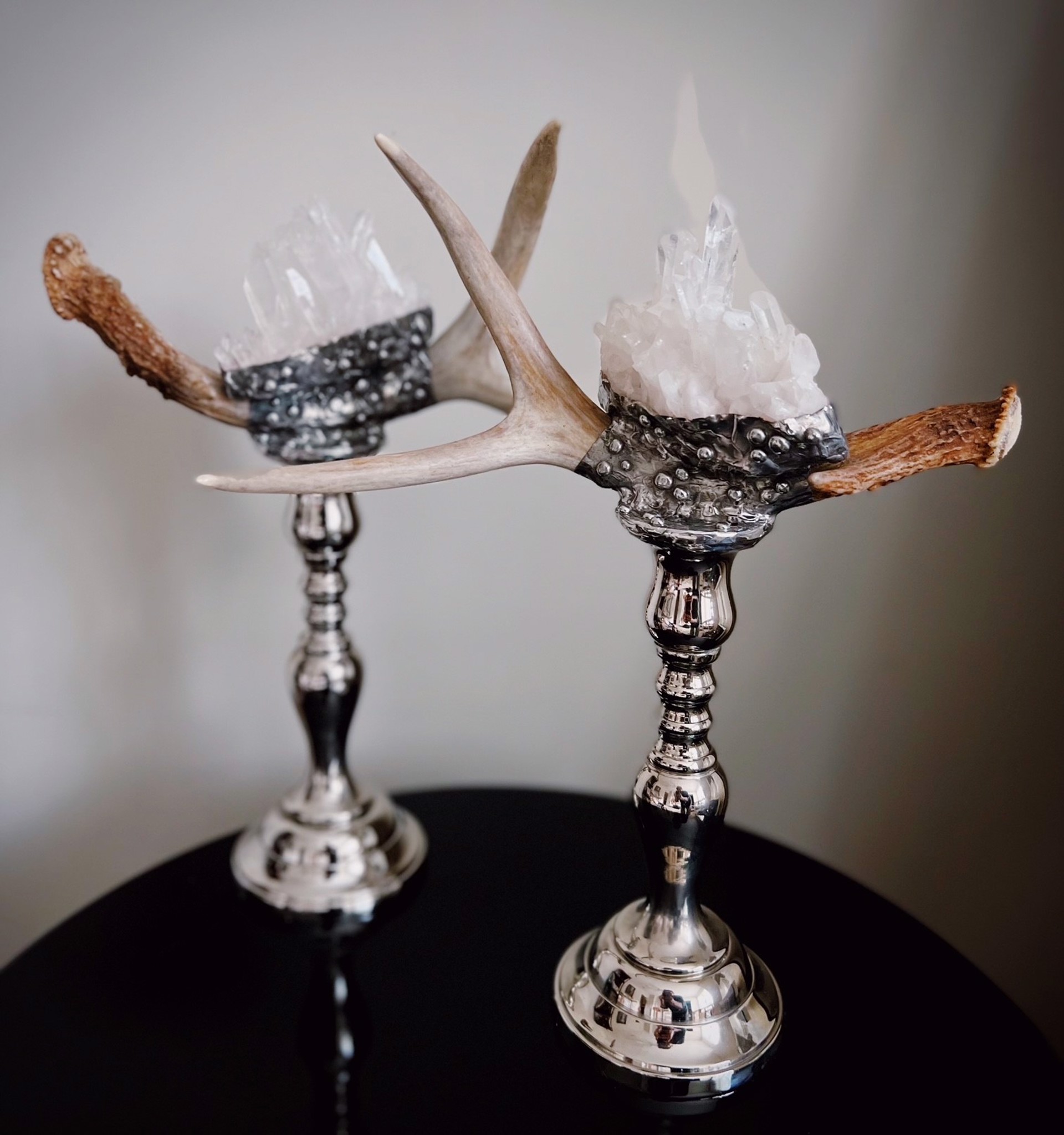 Candesticks with Antler and Quartz by Trinka 5 Designs