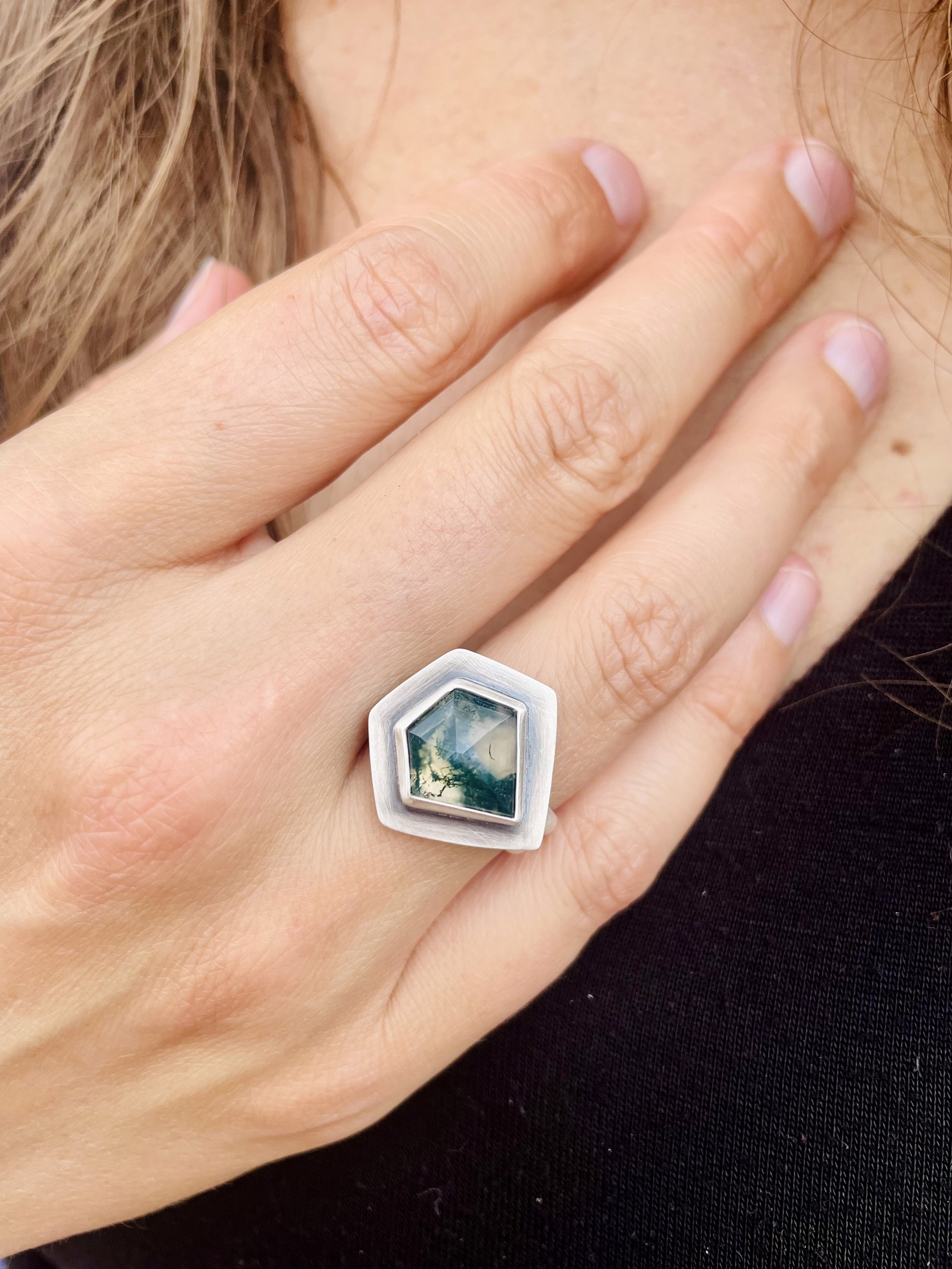 Moss Agate Pentagon Ring by Silicate & Silver