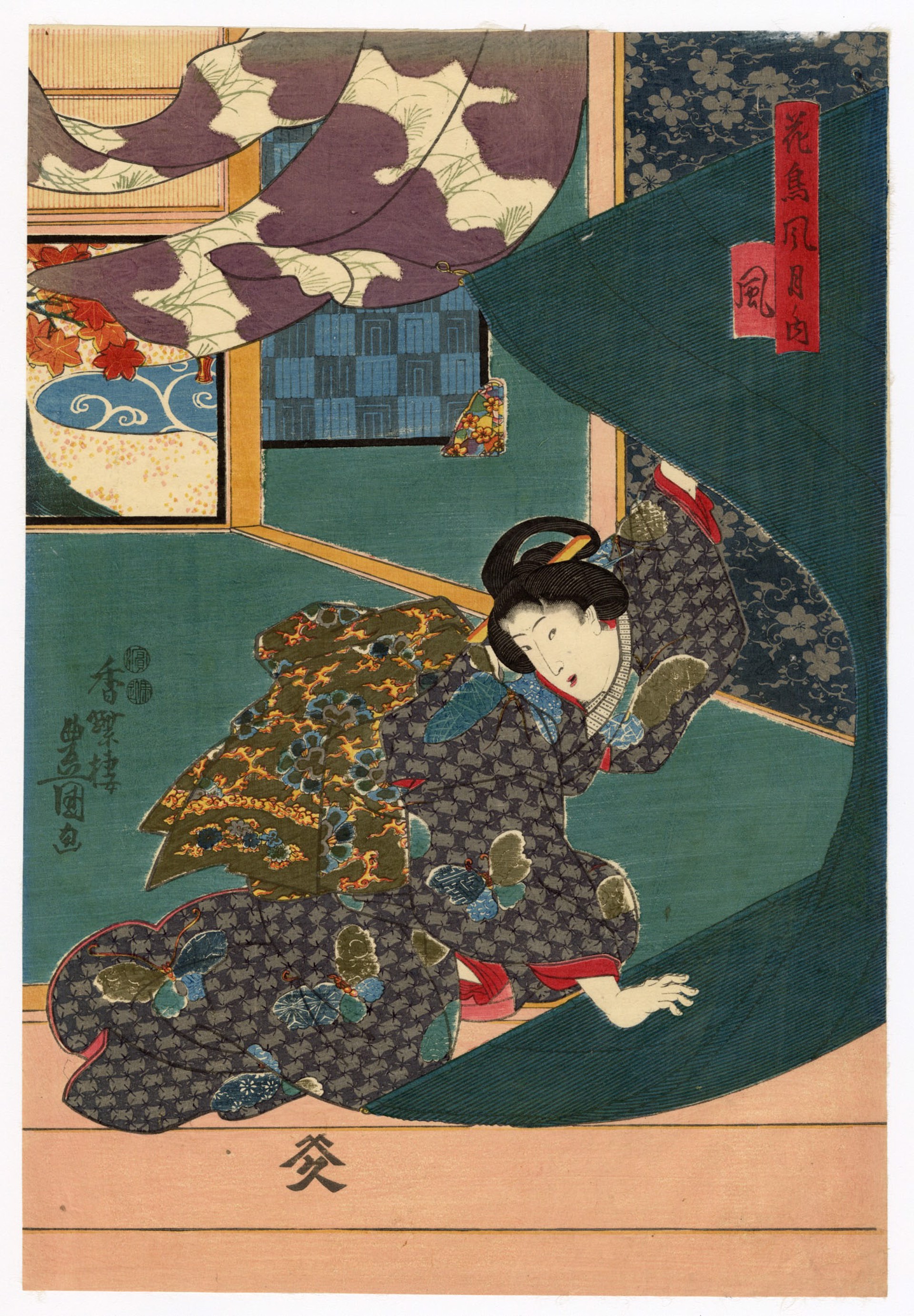 Wind Flowers and Birds, Wind and Moon by Kunisada