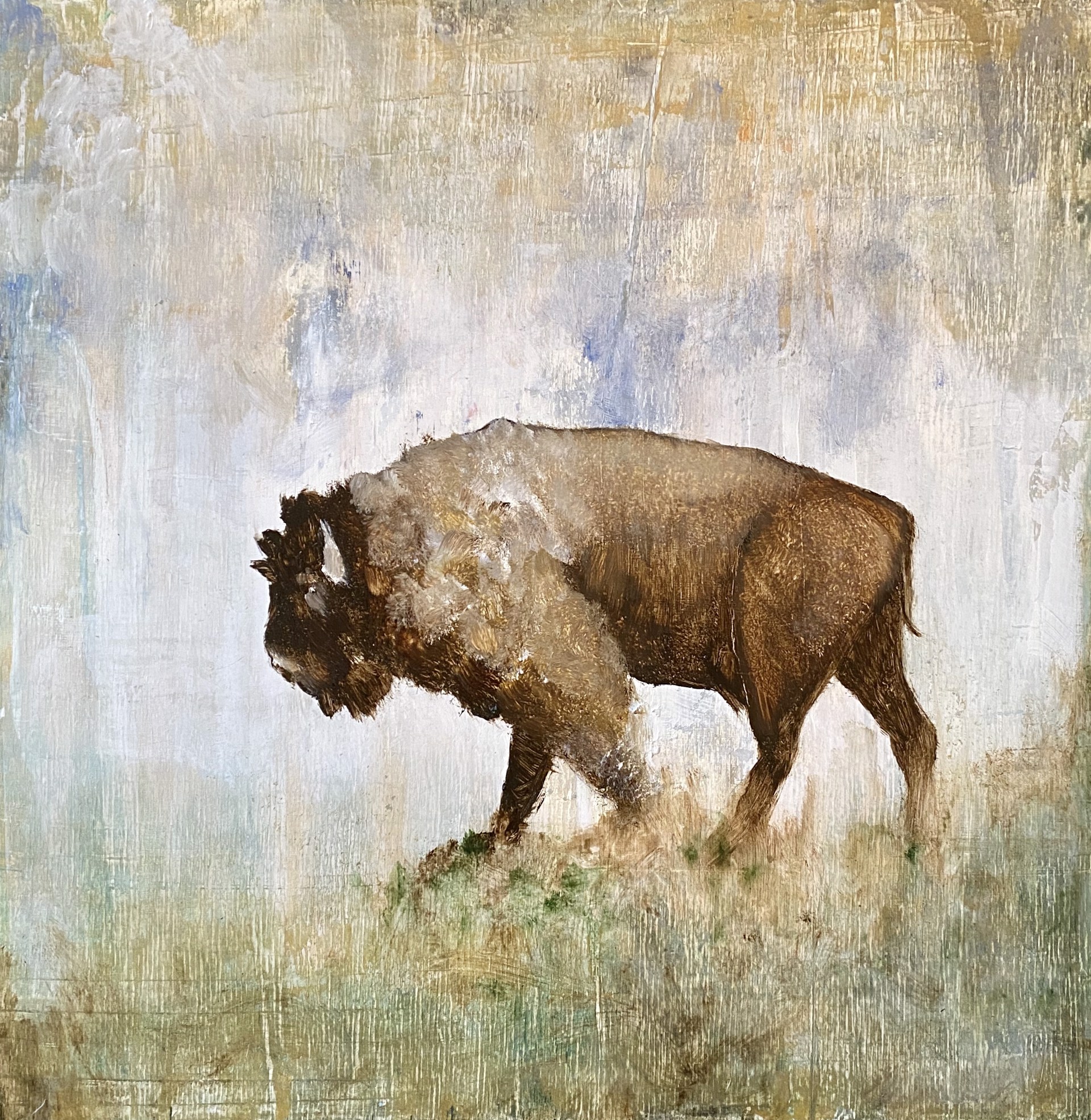 Original Oil Painting Of A Bison Walking In A Contemporary Landscape And Abstract Background, By Jenna Von Benedikt