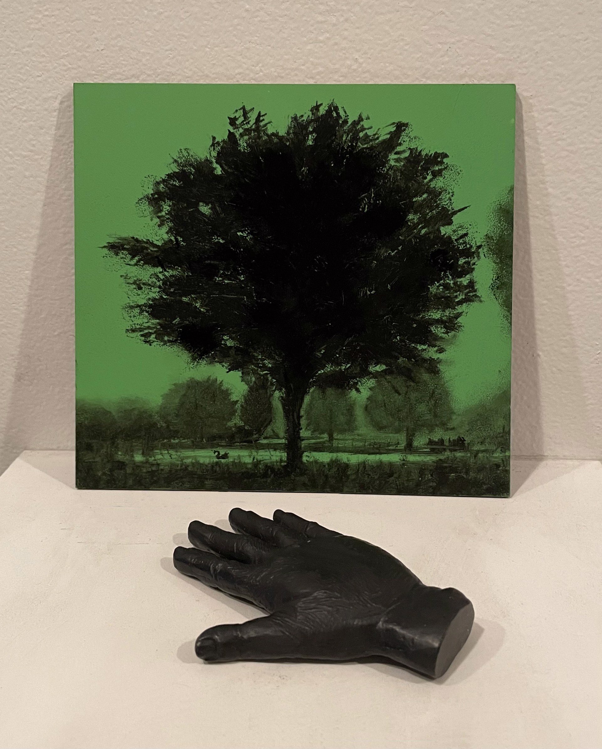 Black Swan Fingerpainting (Green) with cast bronze hand by Lauren Ewing