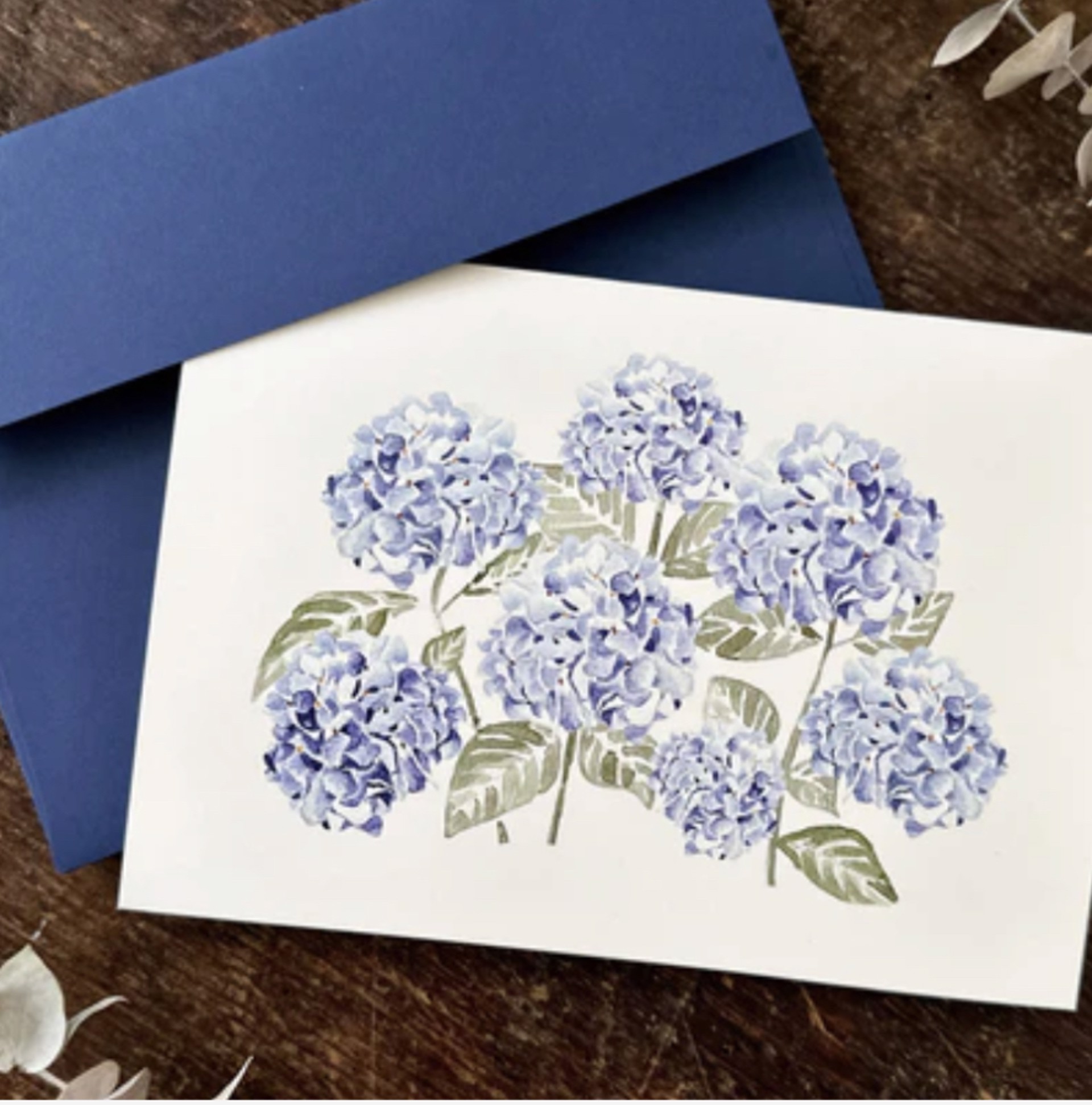 Hydrangeas with Blue Envelope Card by Lucia Duque