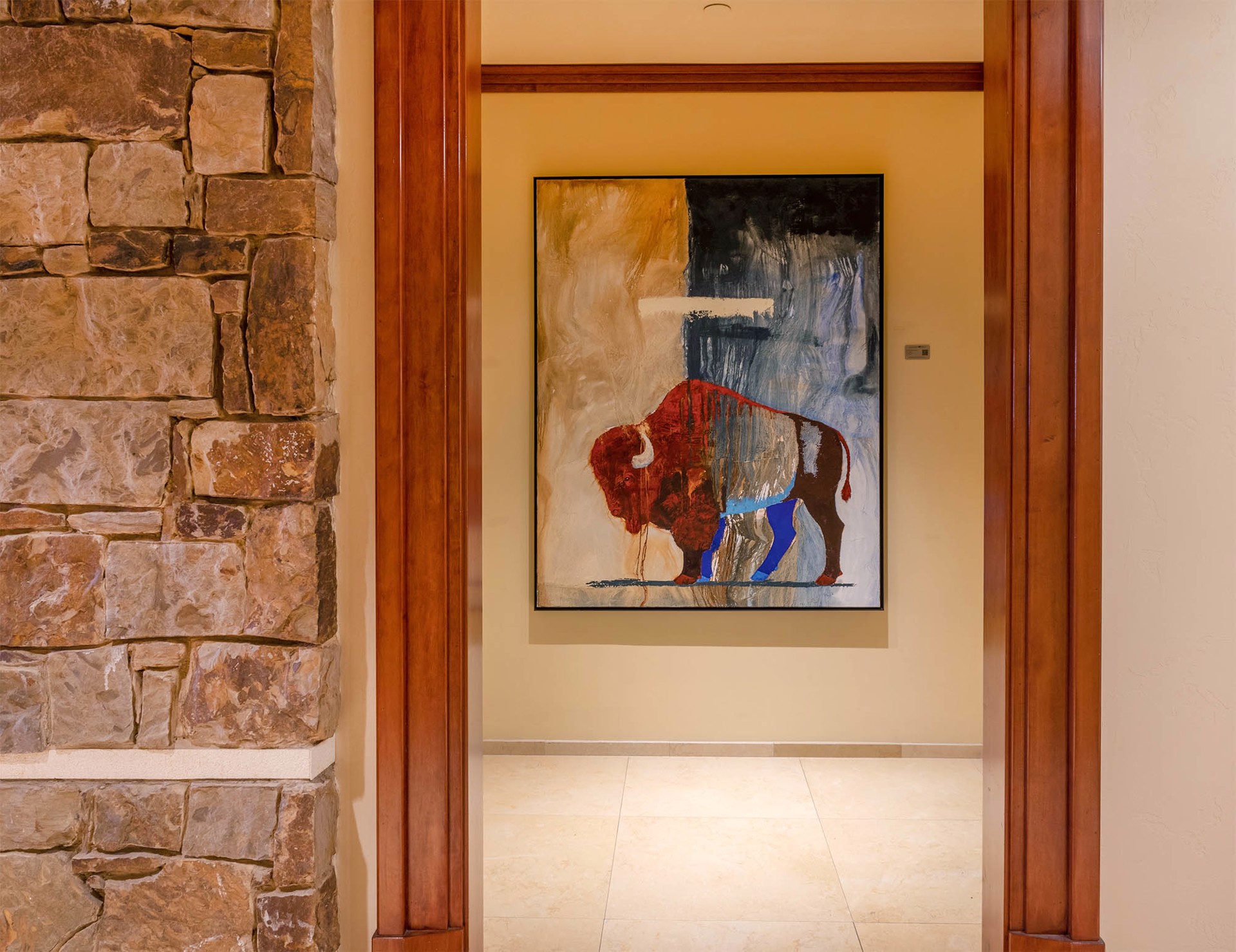 Original Oil Painting Featuring A Walking Bison In Red White And Blue Over Split Color Block Background