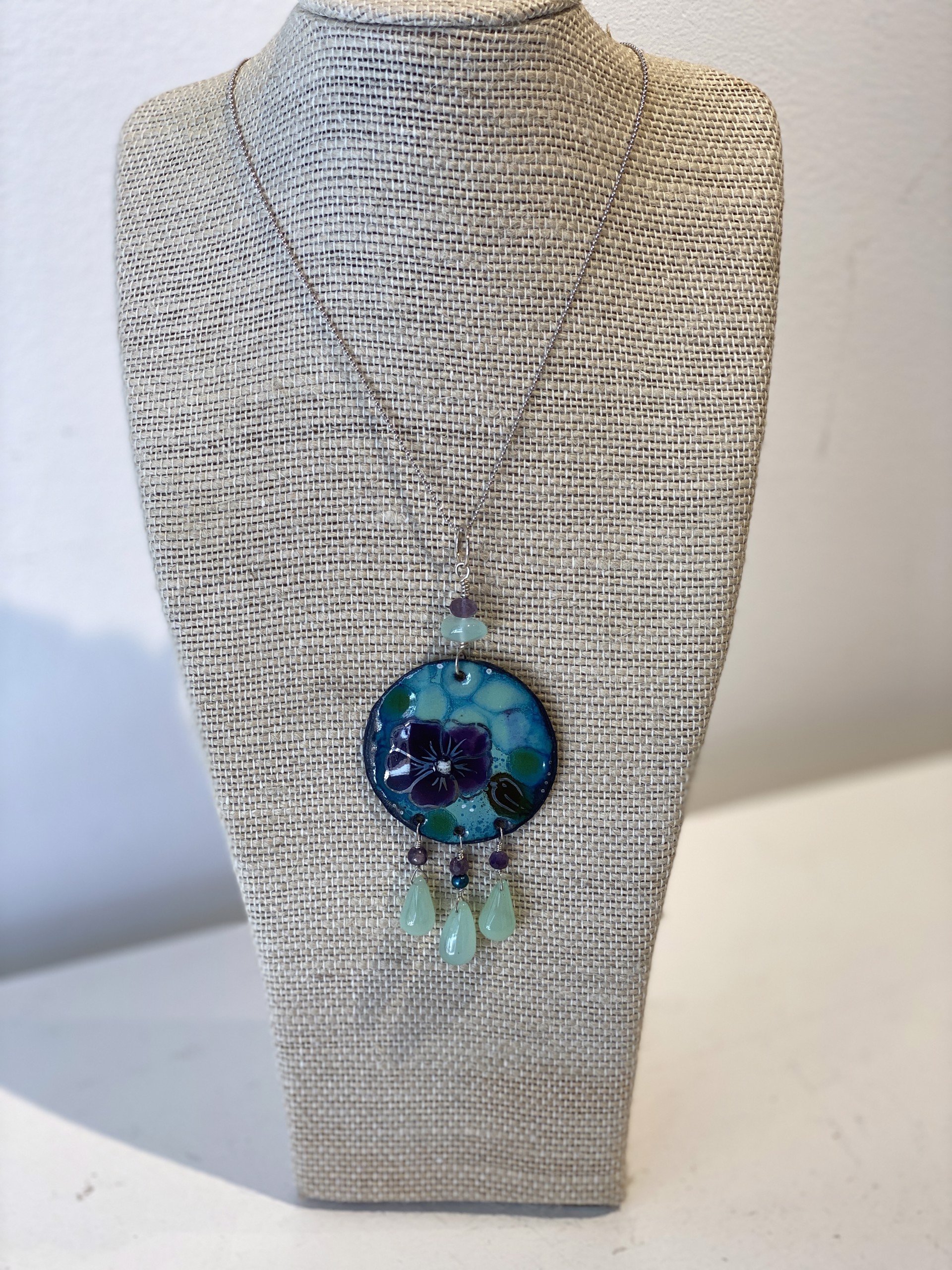 French Enamel on Copper Pendant, Purple Sapphire, Chalcedony, Amethyst by Ann Marie Hodrick