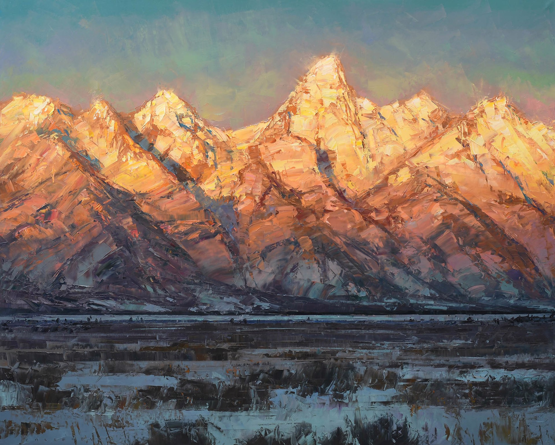 Original Landscape Painting By Caleb Meyer Featuring The Teton Mountain Range At Sunset