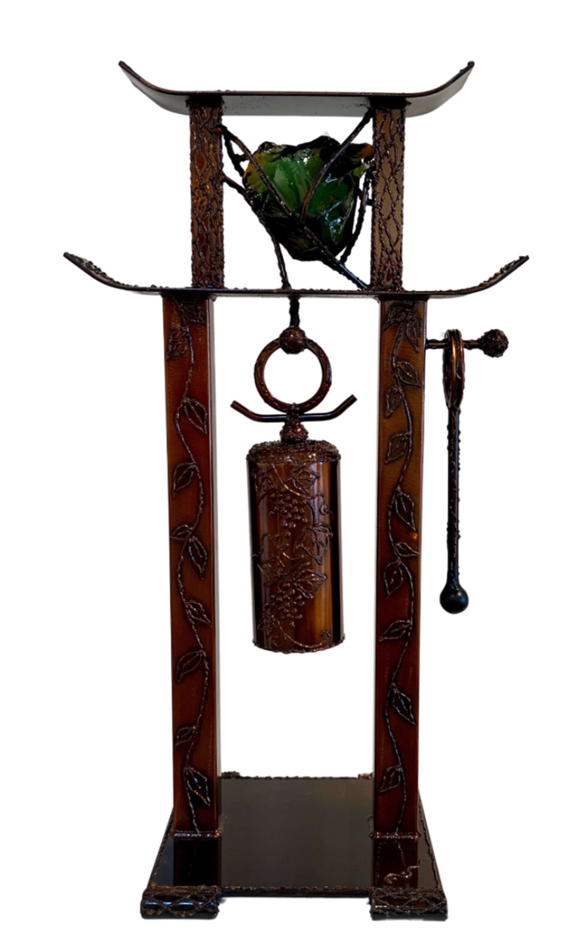 Desktop Bell Sculpture with Grapes  Square Top with Green Glass by Mike Beals