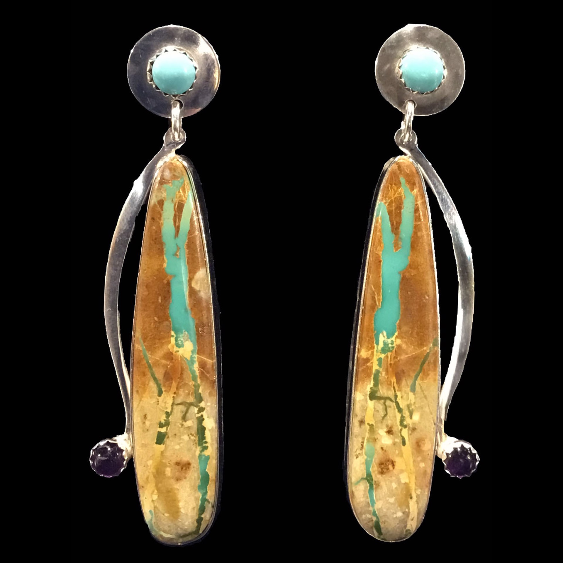 Long Agates, Turquoise and Amy on Side Bars Earrings by Michael Redhawk