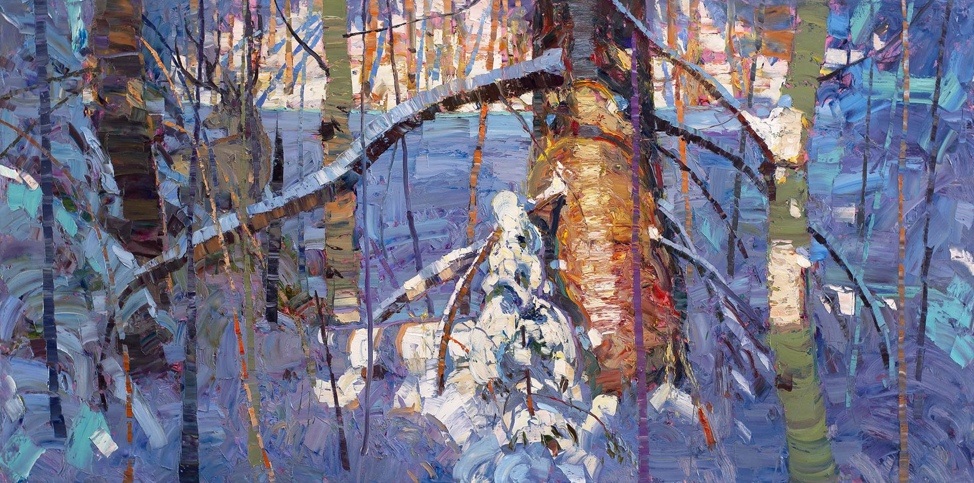 Original Oil Painting By Silas Thompson Featuring A Winter Landscape With Snow Covered Trees In Blues And Purples