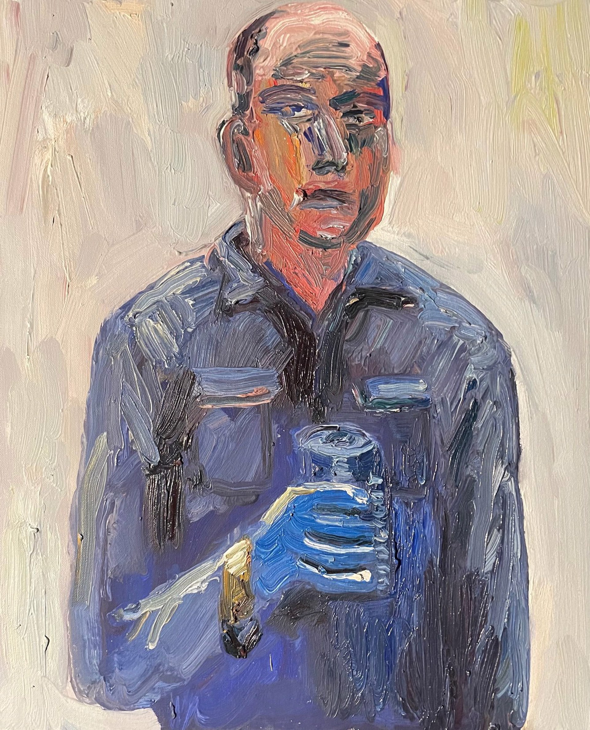 Self Portrait Wearing Blue Shirt, Blue Gloves, and Drinking a Blue Bud by John Kilduff