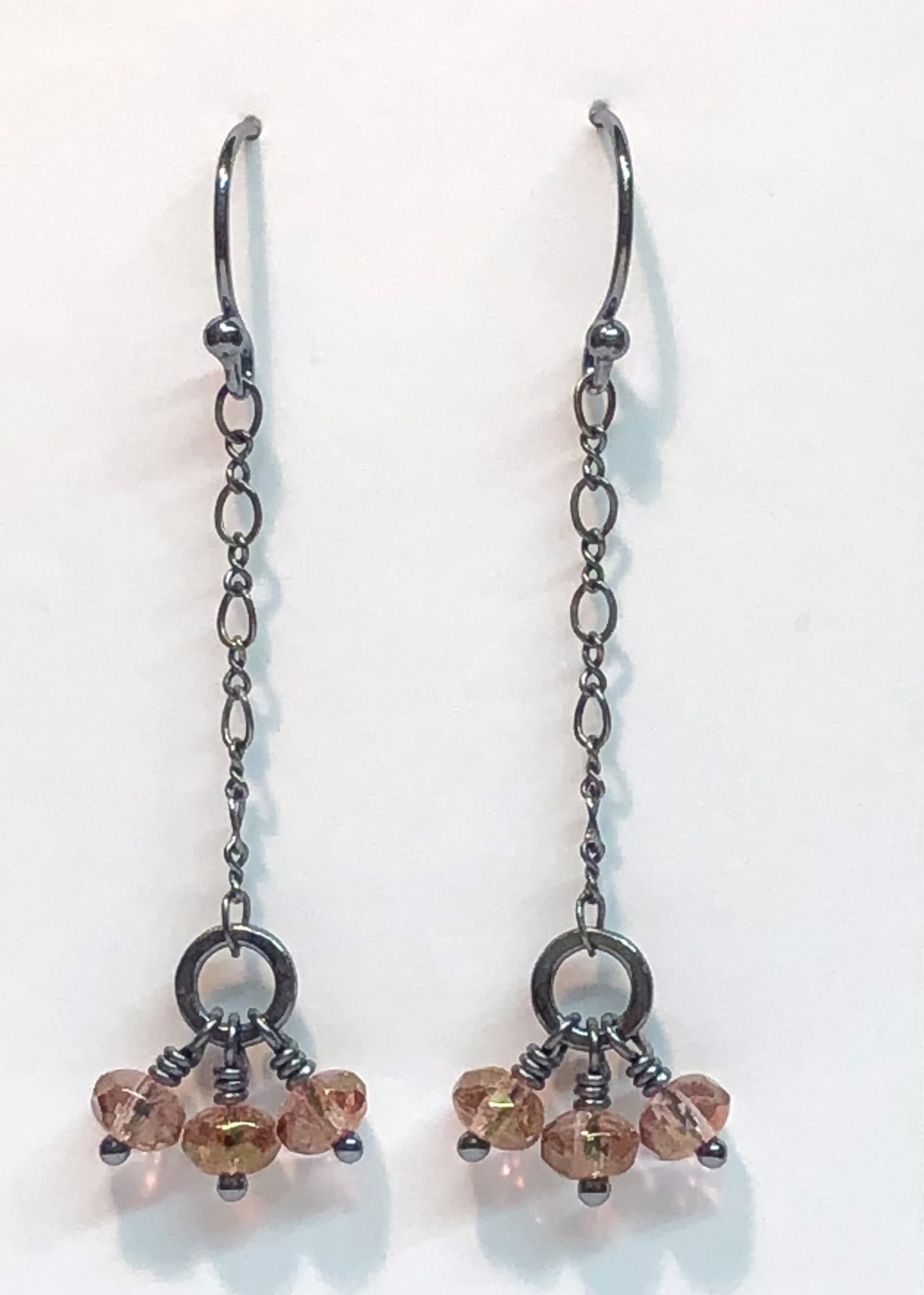 Pink Czech w/Long Chain Sm. Ring Earrings, Oxidized Sterling Silver by Amelia Whelan