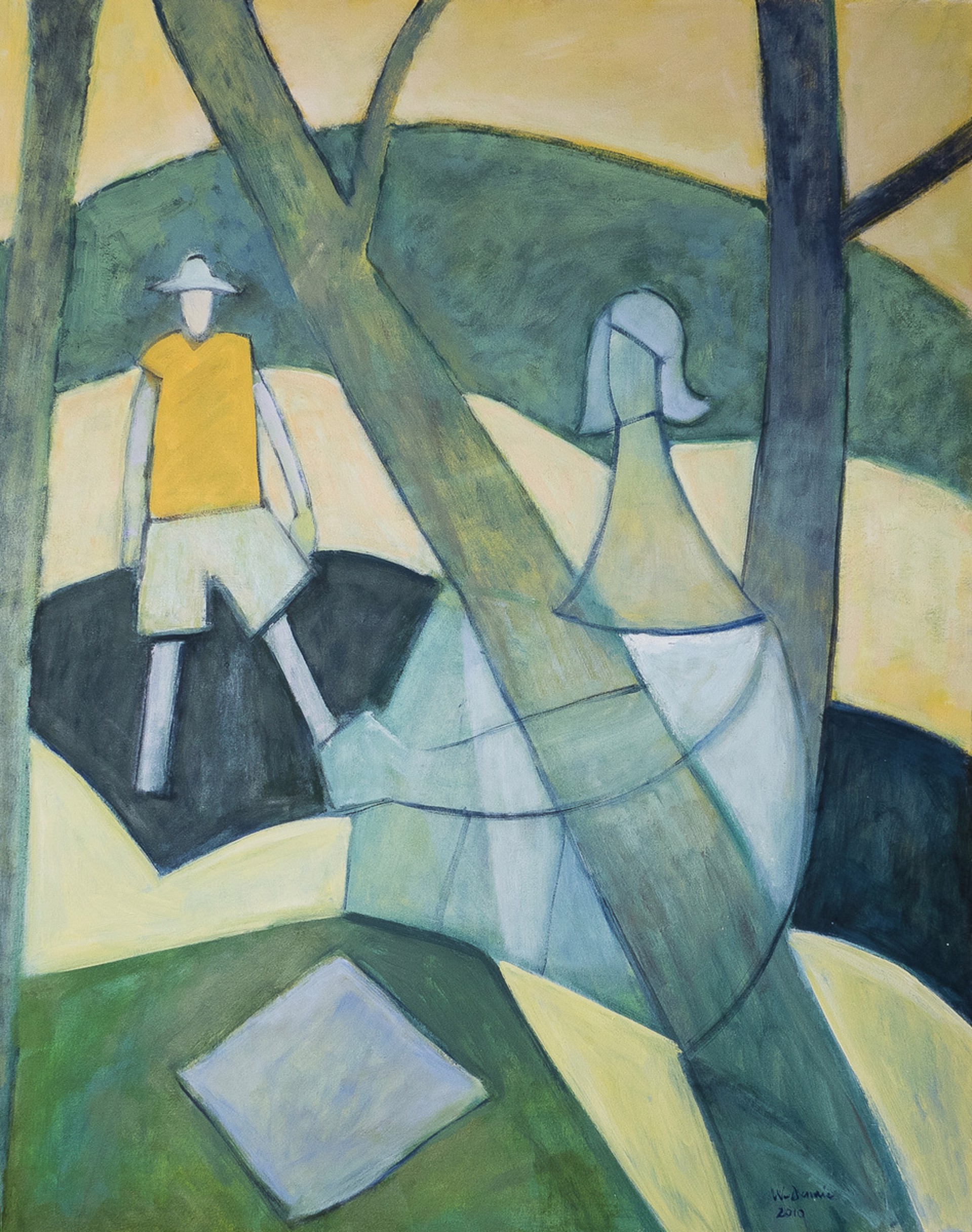 man and woman cubist painting with green yellow and blue forest and hill scene