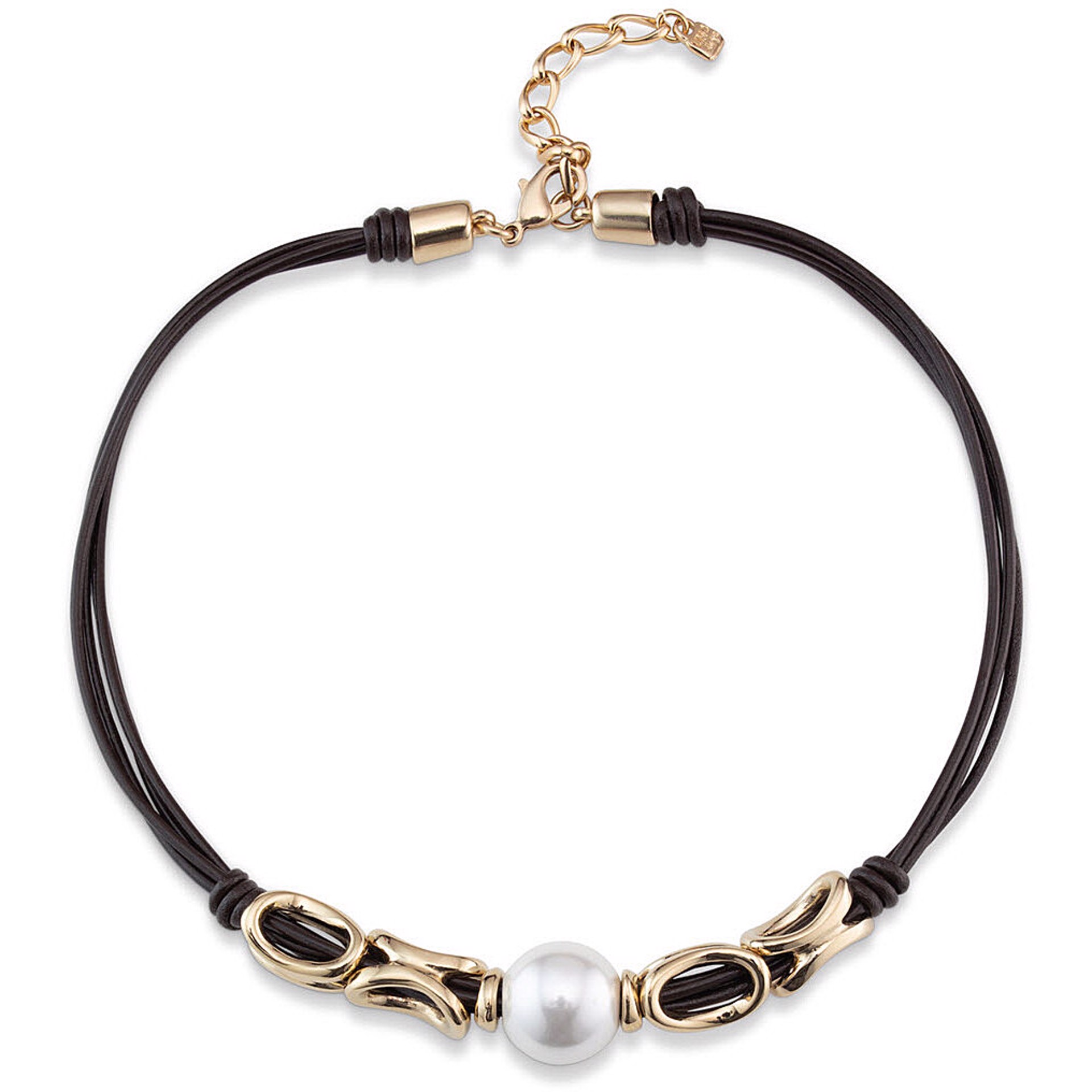 9434 Leather Choker with Pearl and Gold Charms by UNO DE 50
