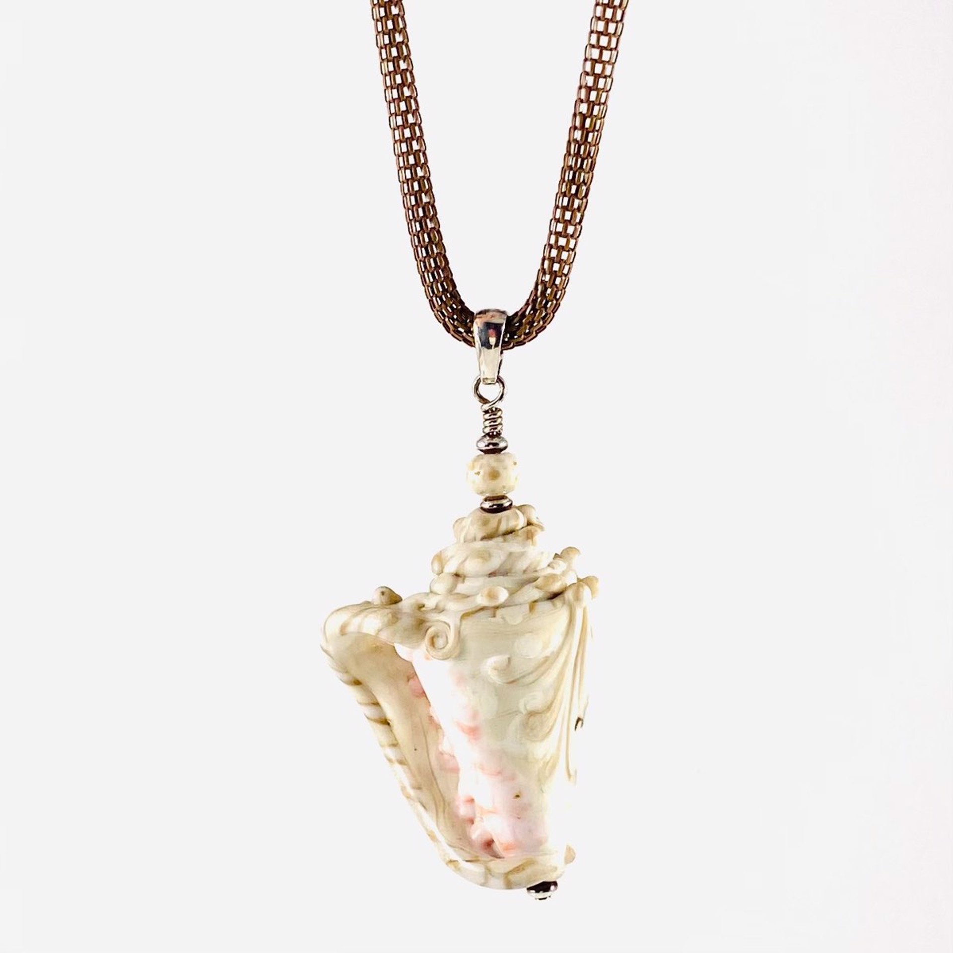 Ivory Conch Shell Pendant on Lt Brown Mesh Chain Necklace LS21-446N by Linda Sacra