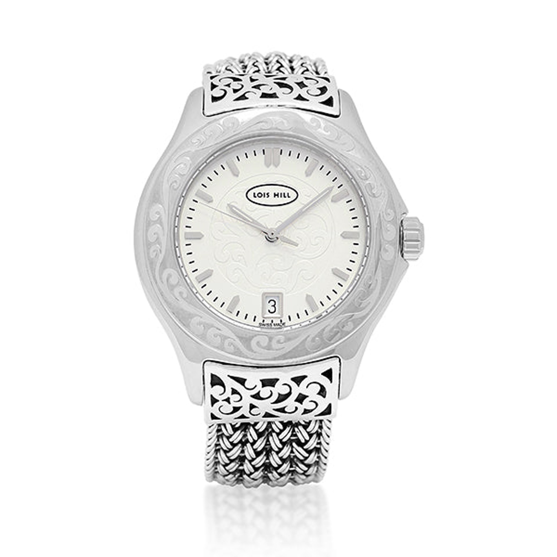 9761 LH Scroll Engraved Round Bezel Watch with Sterling Silver Handwoven Textile Weave Band Hand Carved Scroll Edges by Lois Hill
