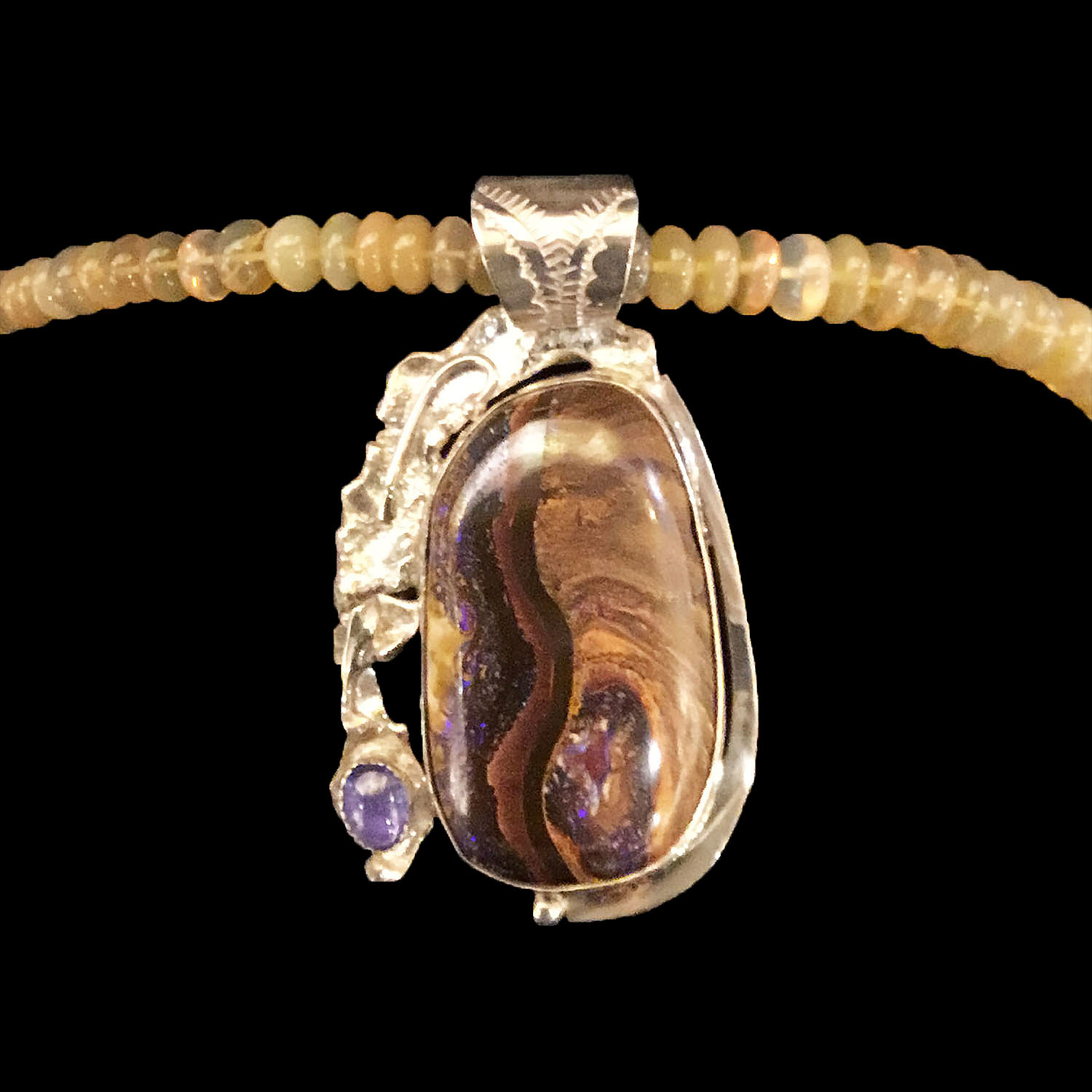 Boulder Opal +Tanzanite on agate beads by Michael Redhawk