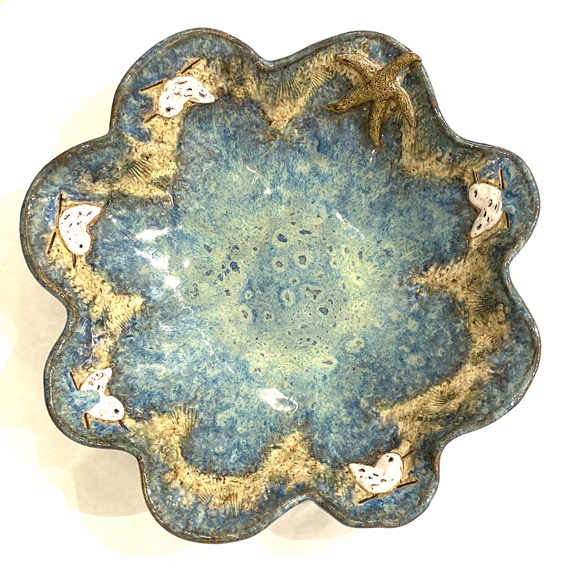 Five Sandpipers and Starfish Bowl (Blue Glaze) by Jim & Steffi Logan
