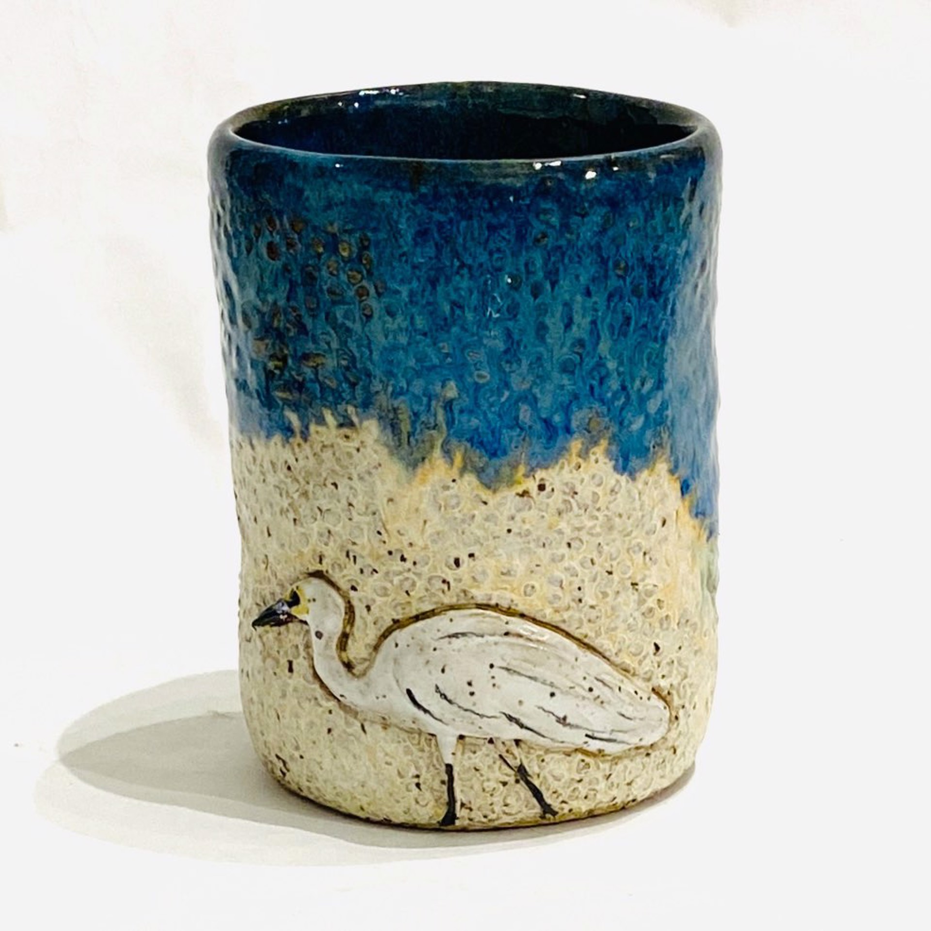 LG23-976a Heron Mug (Blue Glaze) by Jim & Steffi Logan