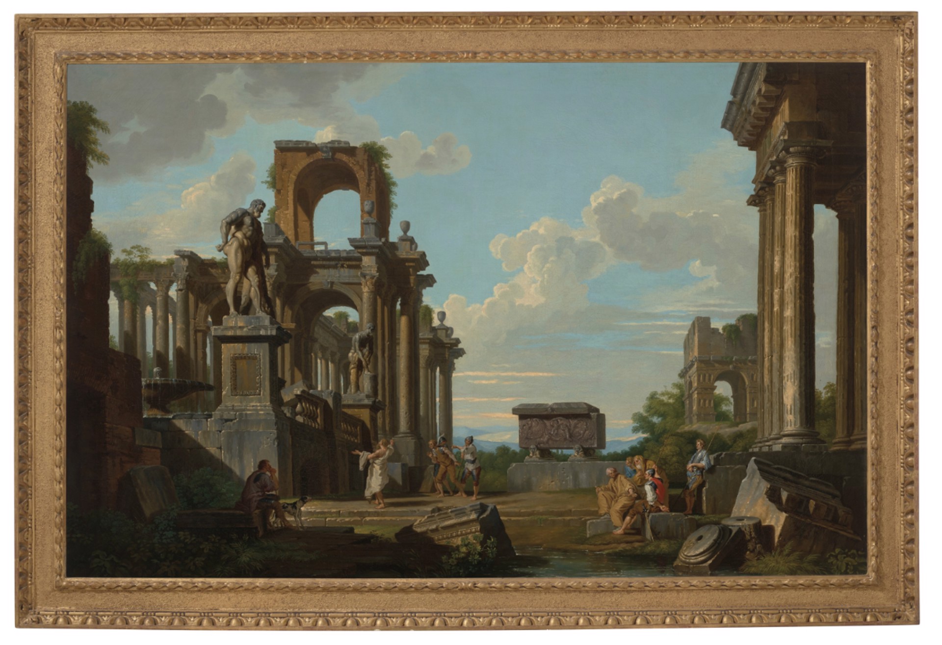 AN ARCHITECTURAL CAPRICCIO WITH THE FARNESE HERCULES by Giovanni Paolo Panini