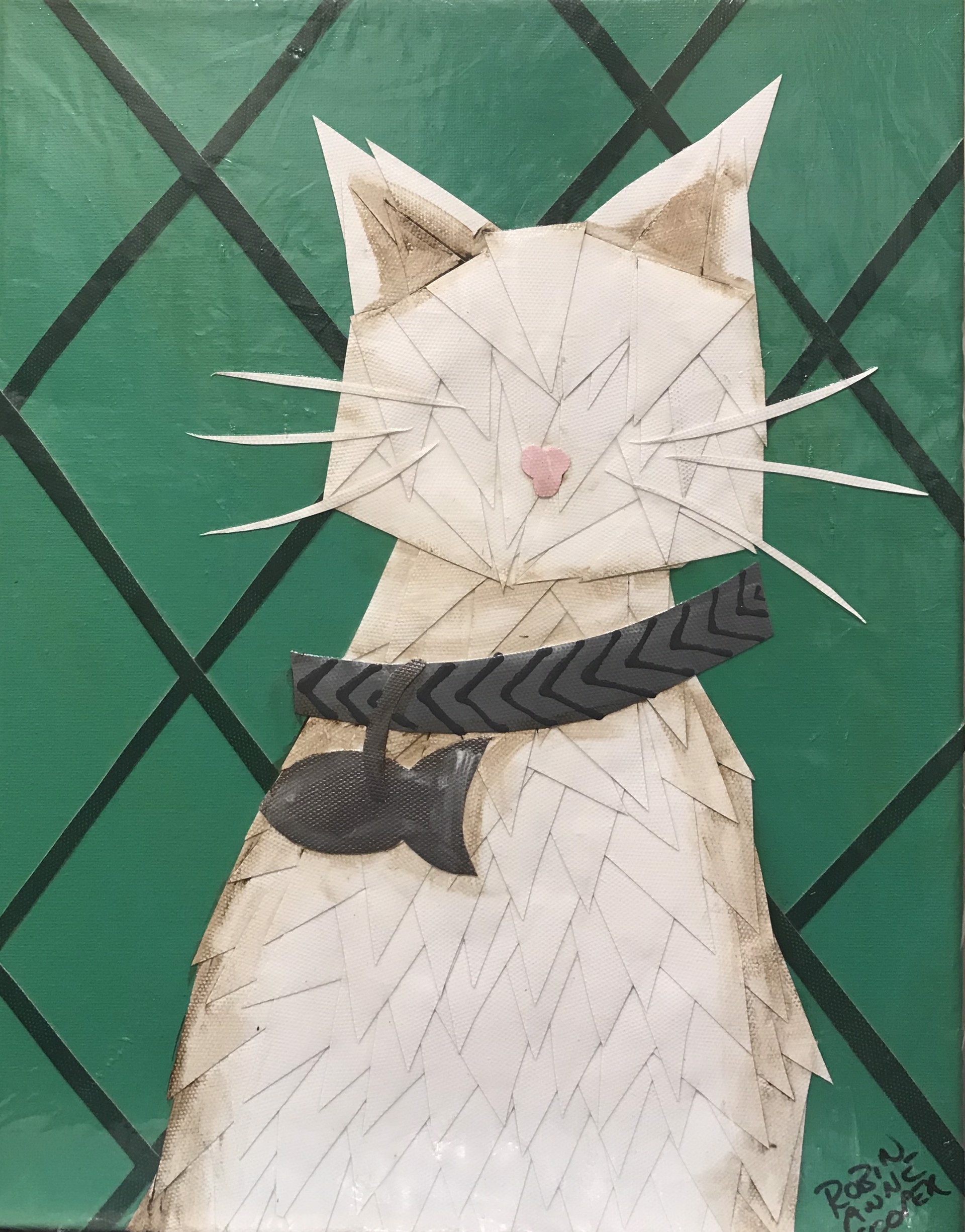 RC21-2 White Cat on Green by Robin Cooper