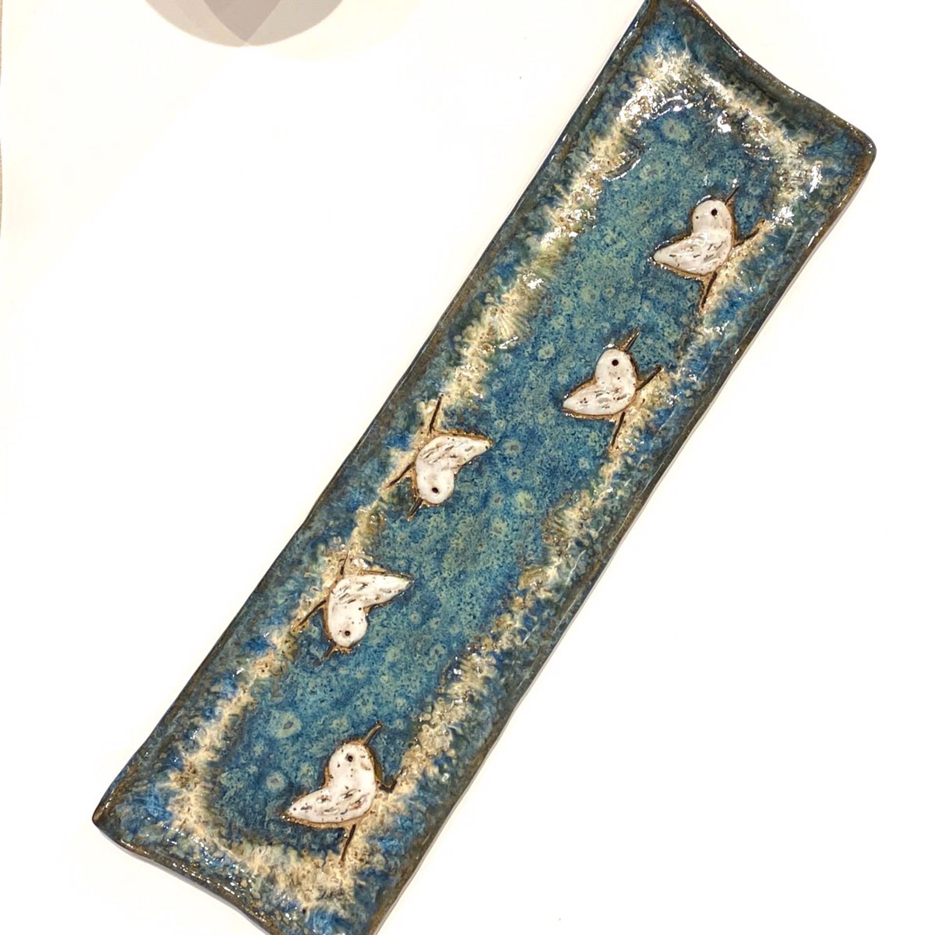 LG23-964 Rectangle Plate with Five Sandpipers (Blue Glaze) by Jim & Steffi Logan