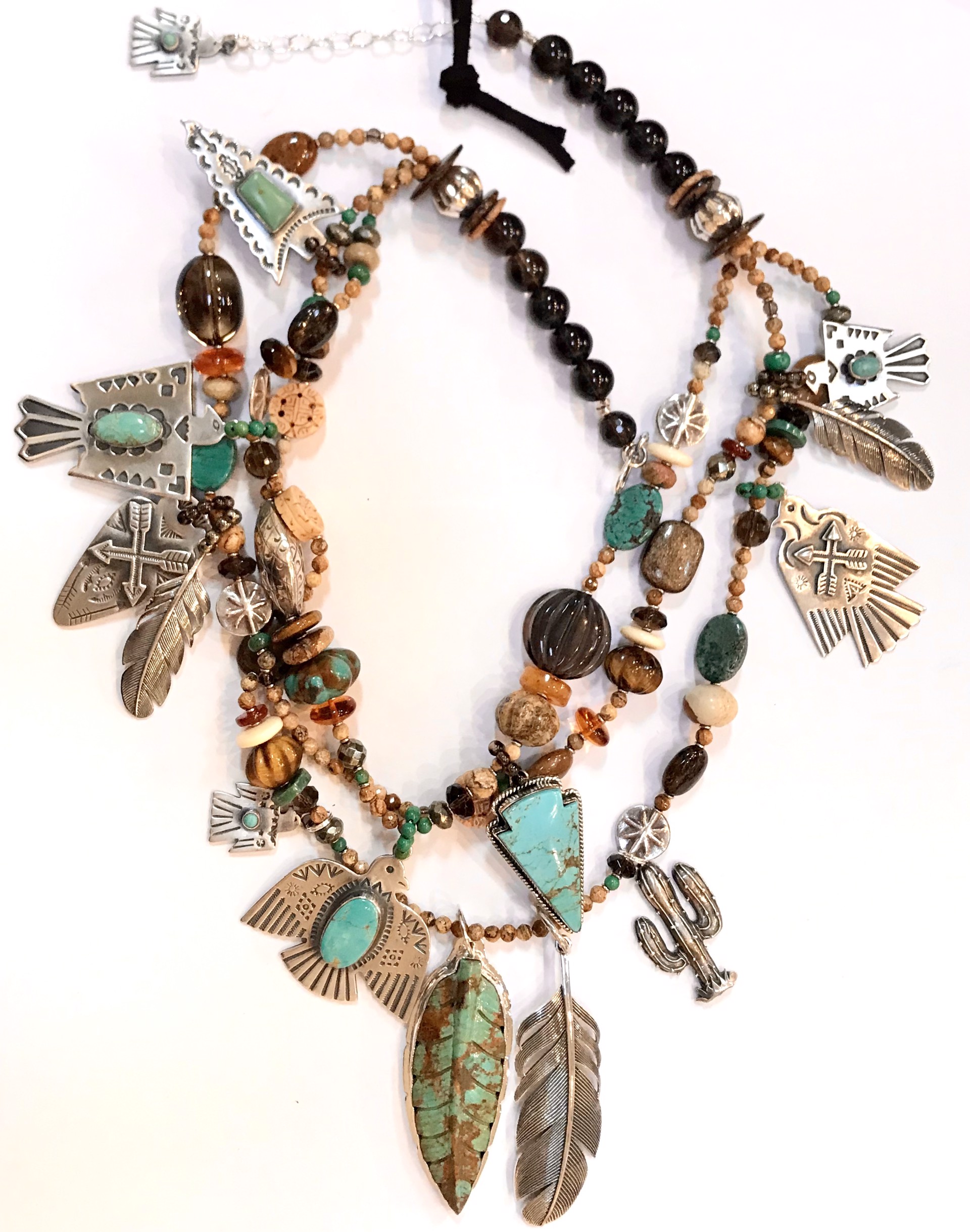 KY 1295 - 3 Strand Thunderbird Necklace With Picture Jasper, Turquoise,Smoky Quartz with Sterling Silver by Kim Yubeta