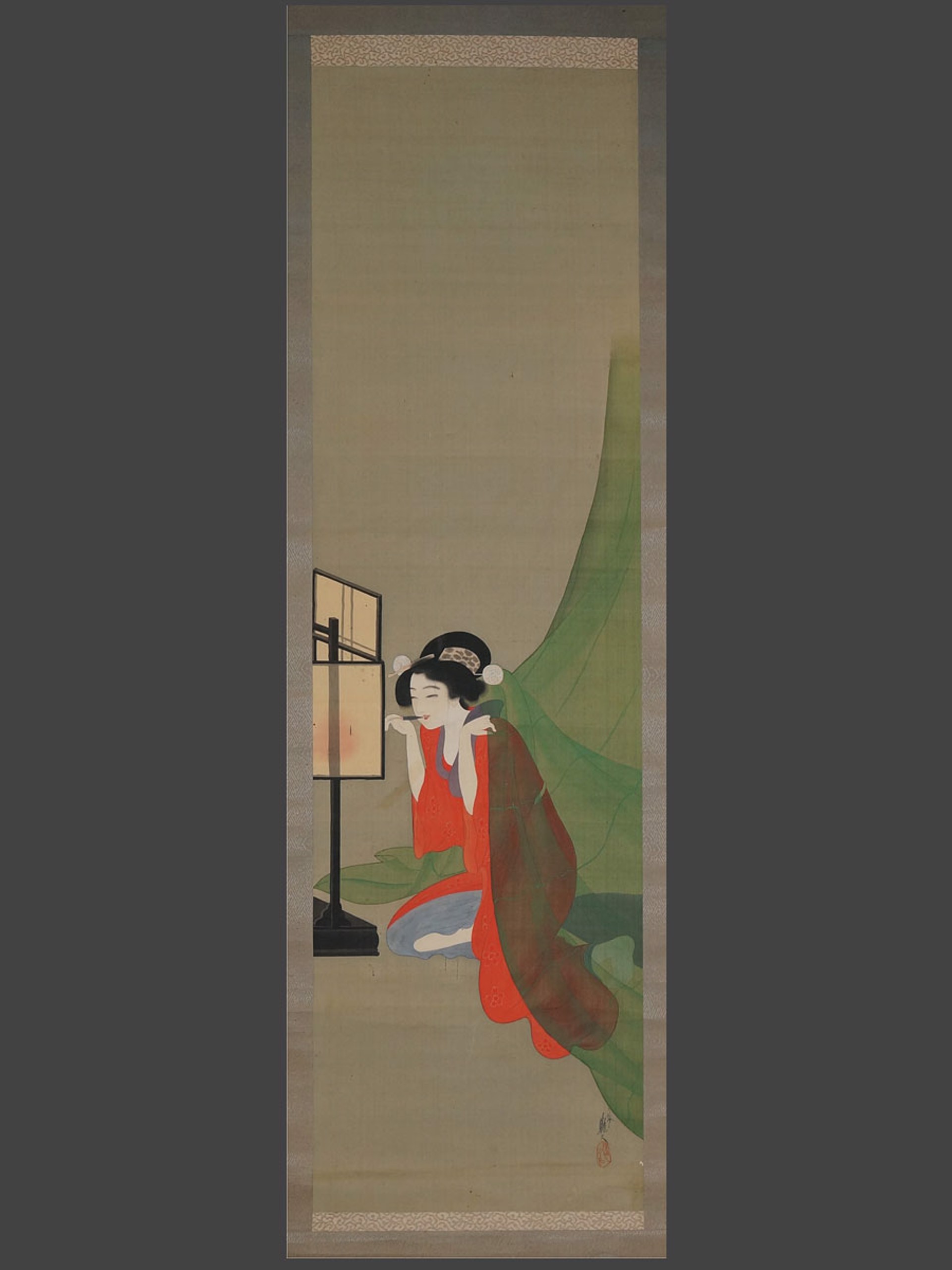 Courtesan Emerging from a Mosquito Net, While Smoking a Pipe. by Tsuyahisa