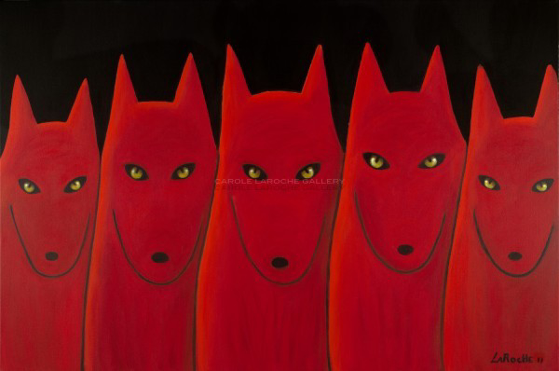 FIVE RED WOLVES - limited edition giclee on canvas: (large) 40"x60" $3700 or (medium) 30"x40" $2400 by Carole LaRoche