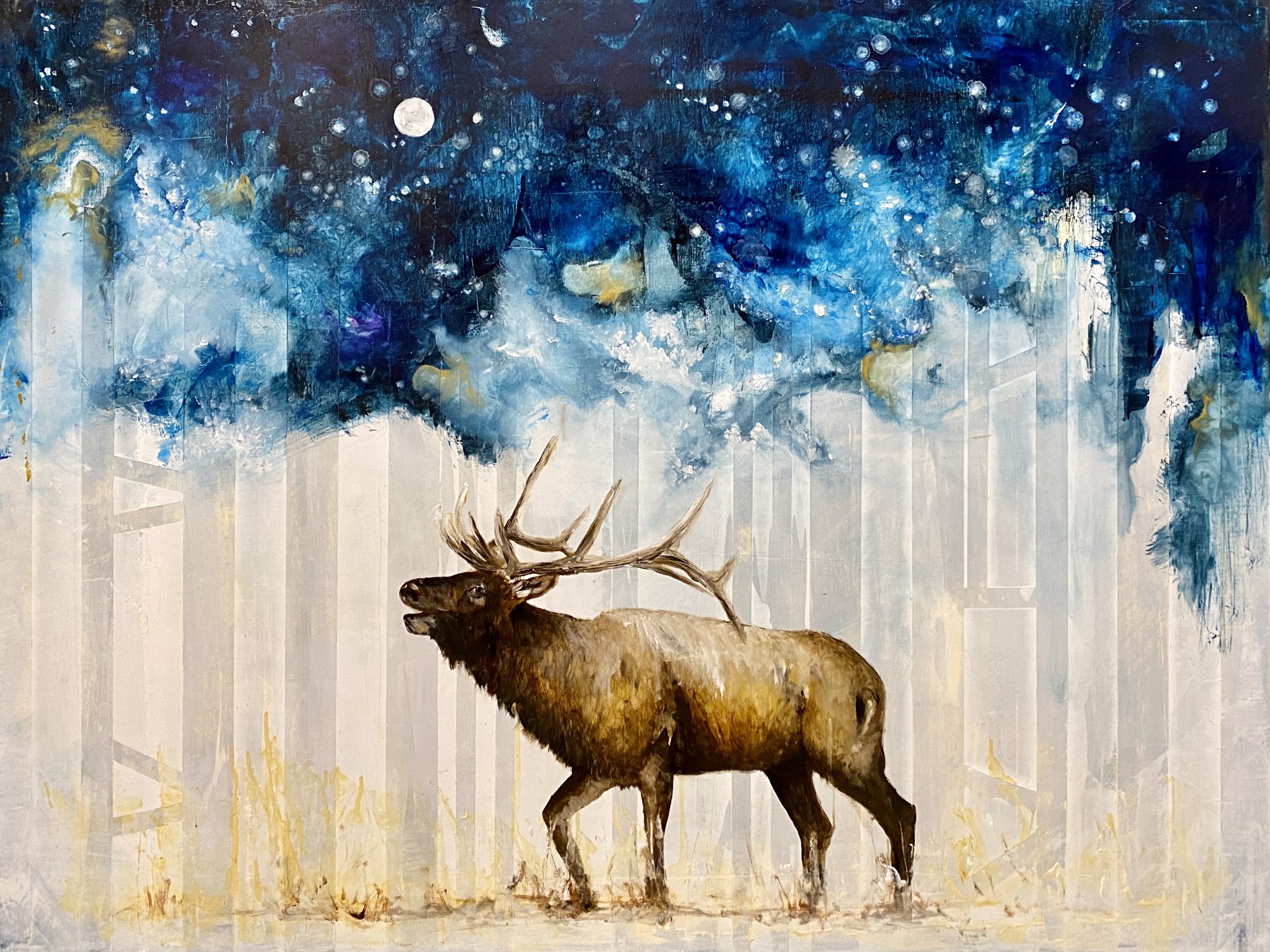 A Contemporary Oil Painting Of A Bull Elk Walking With A Night Sky By Jenna Von Benedikt Available At Gallery Wild