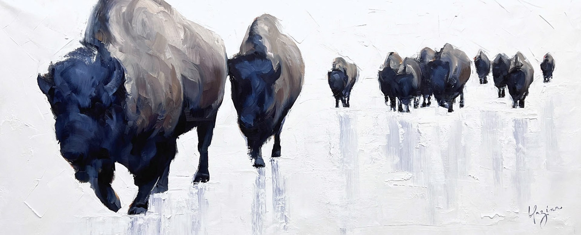 Original Oil Painting Featuring Bison Heard Walking On Snowy Background