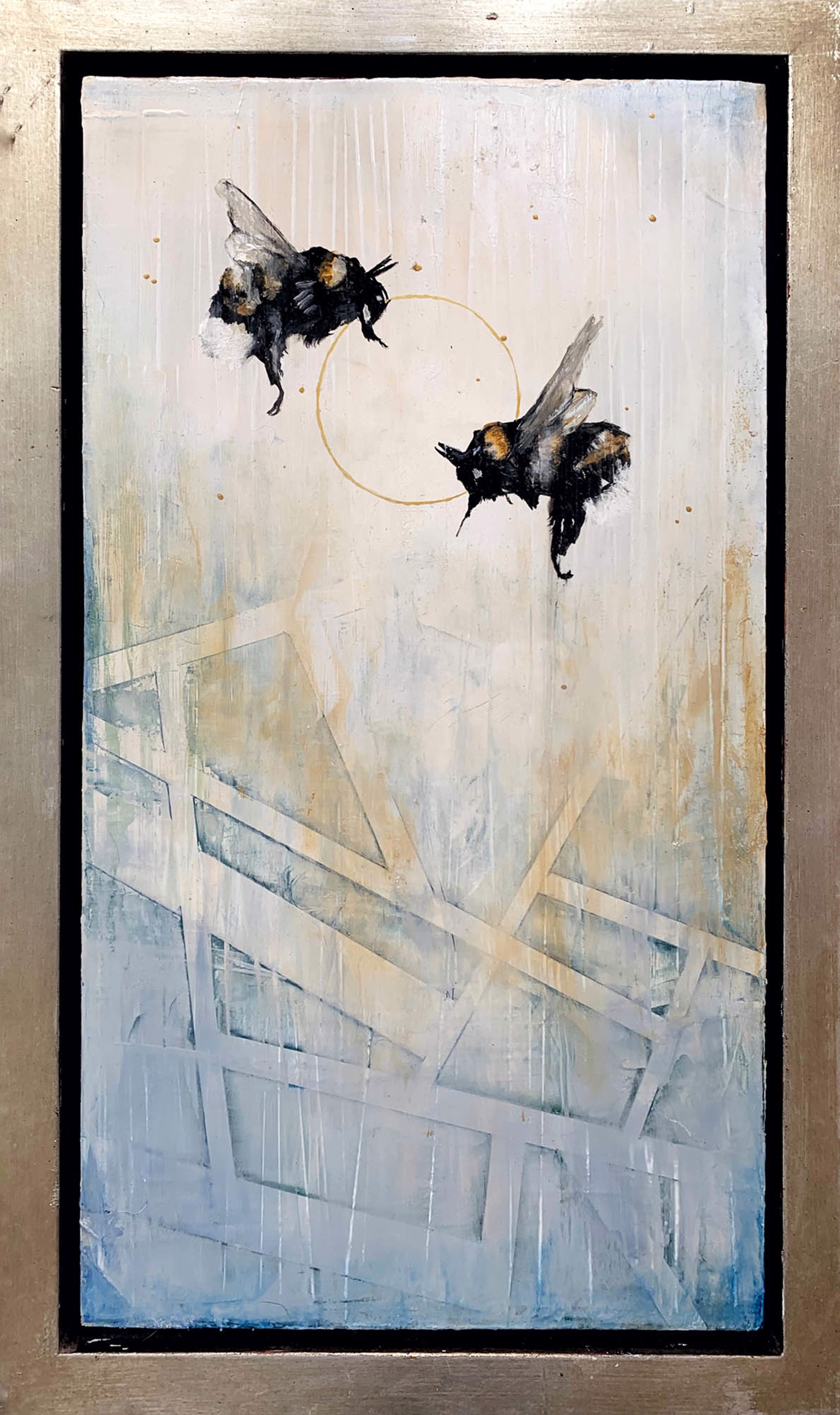 Oil Painting Of Two Bees In Flight With A Contemporary Blue And Yellow Background And Gold Circle