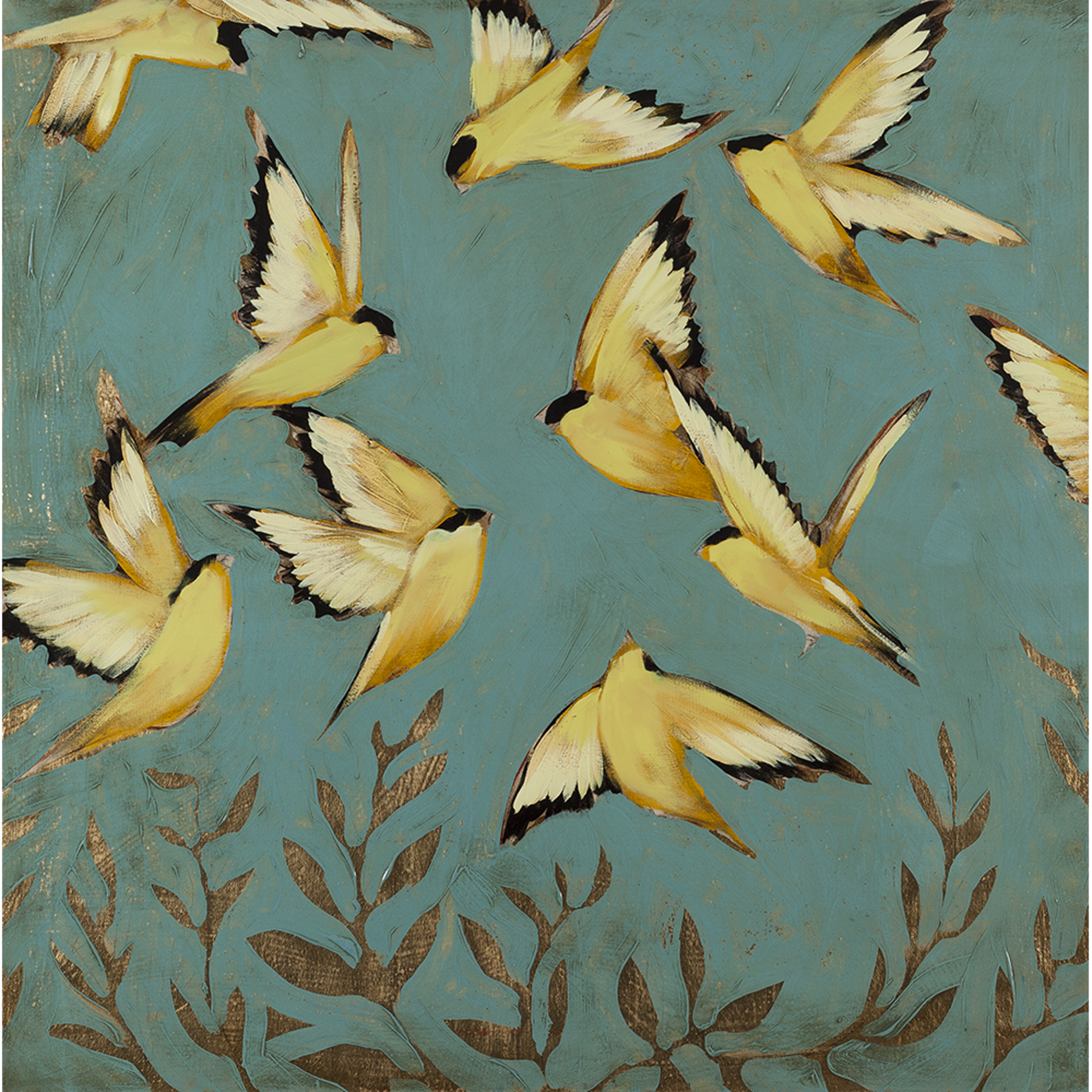 Finches In Flight 36x36 by Joseph Bradley