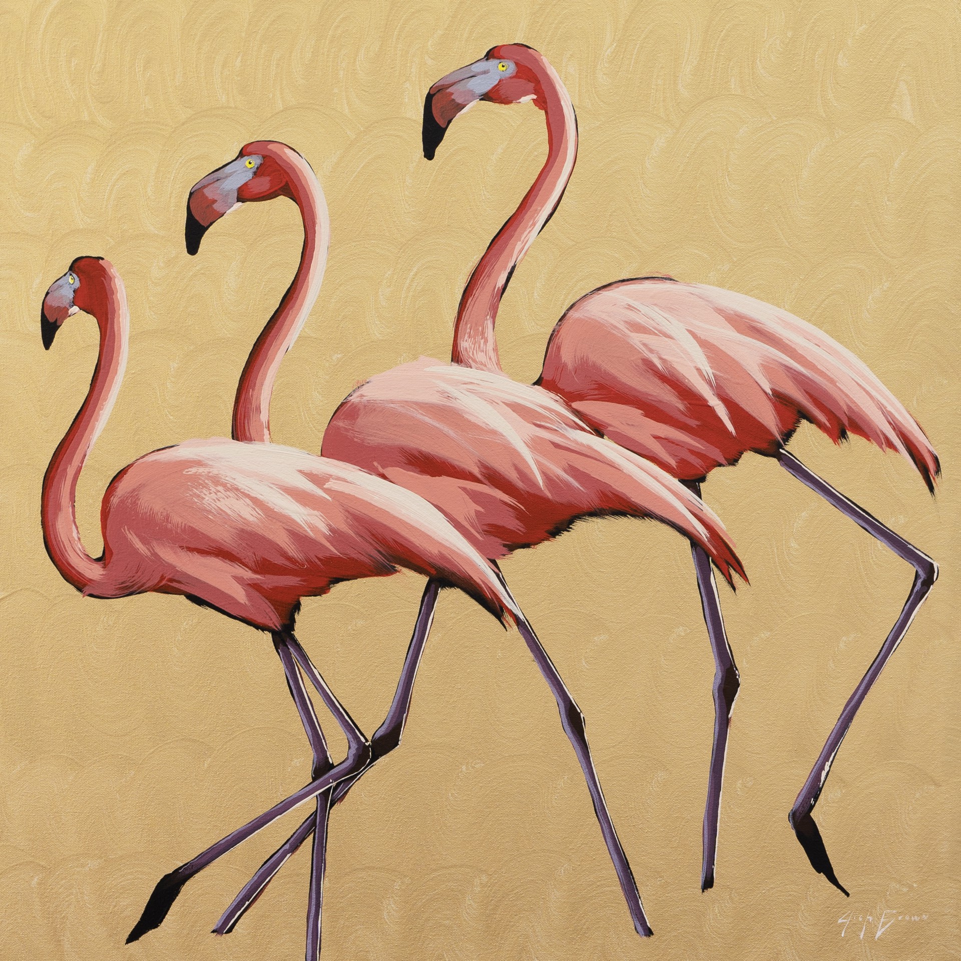 Three Flamingos on Gold by Josh Brown