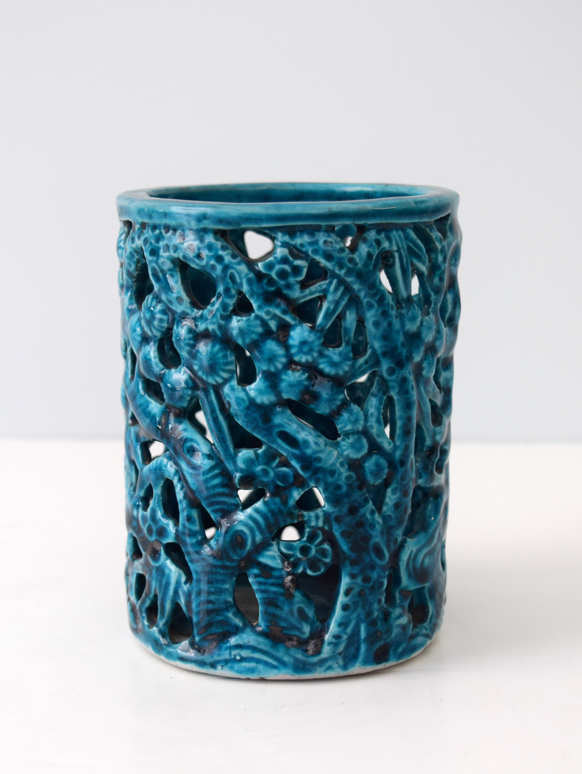 TURQUOISE GLAZED BAMBOO AND PRUNUS BRANCH FORM BRUSHPOT