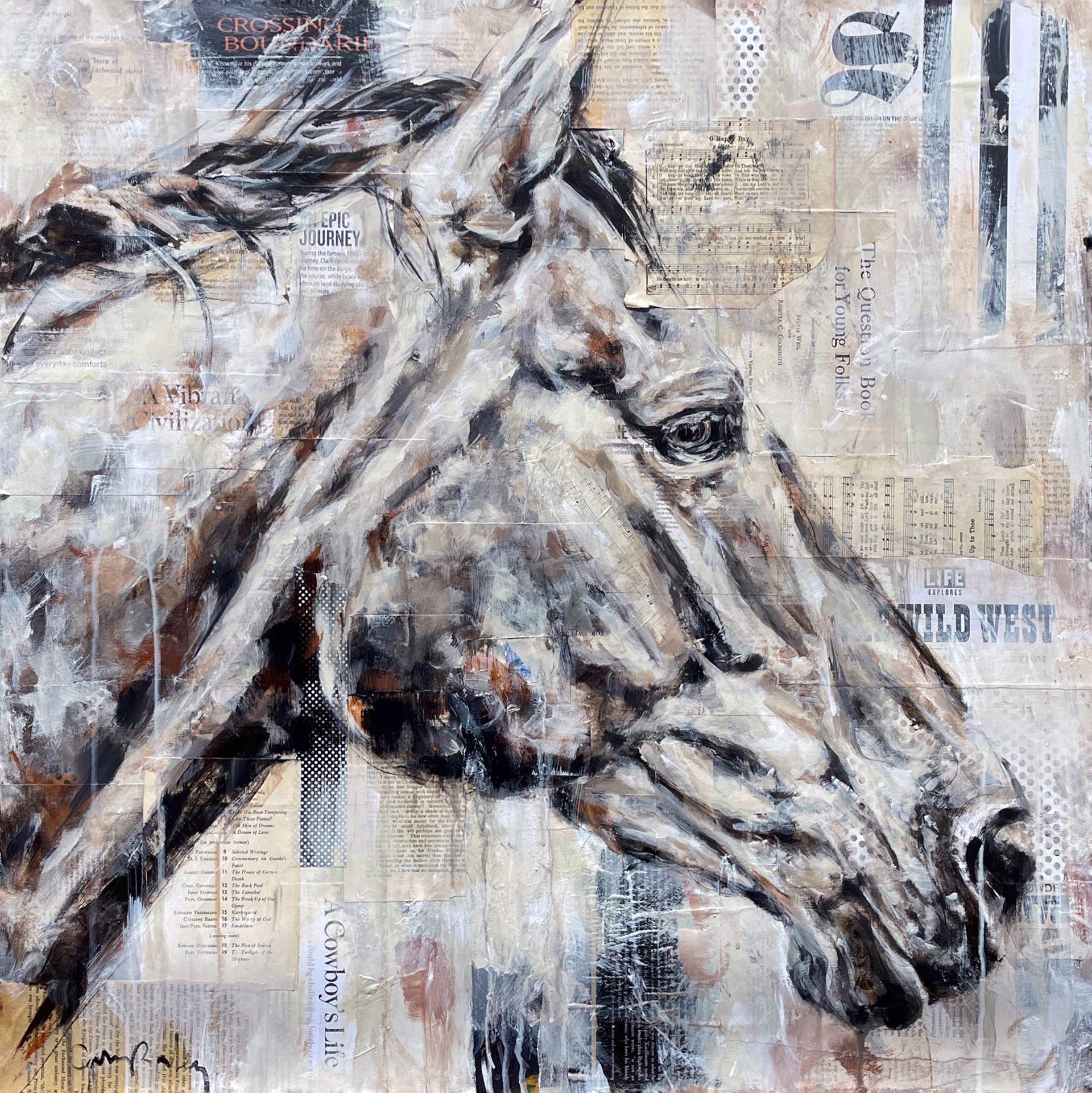 Original Mixed Media Painting Featuring A Horse Head In Profile Over Collage Background