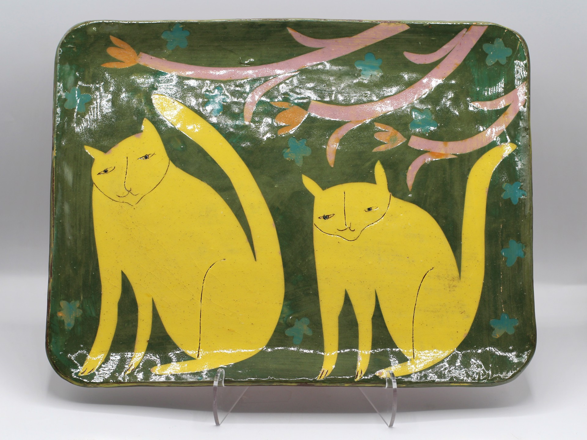 Cat Green Rectangle Large Plate by Priscilla Dahl