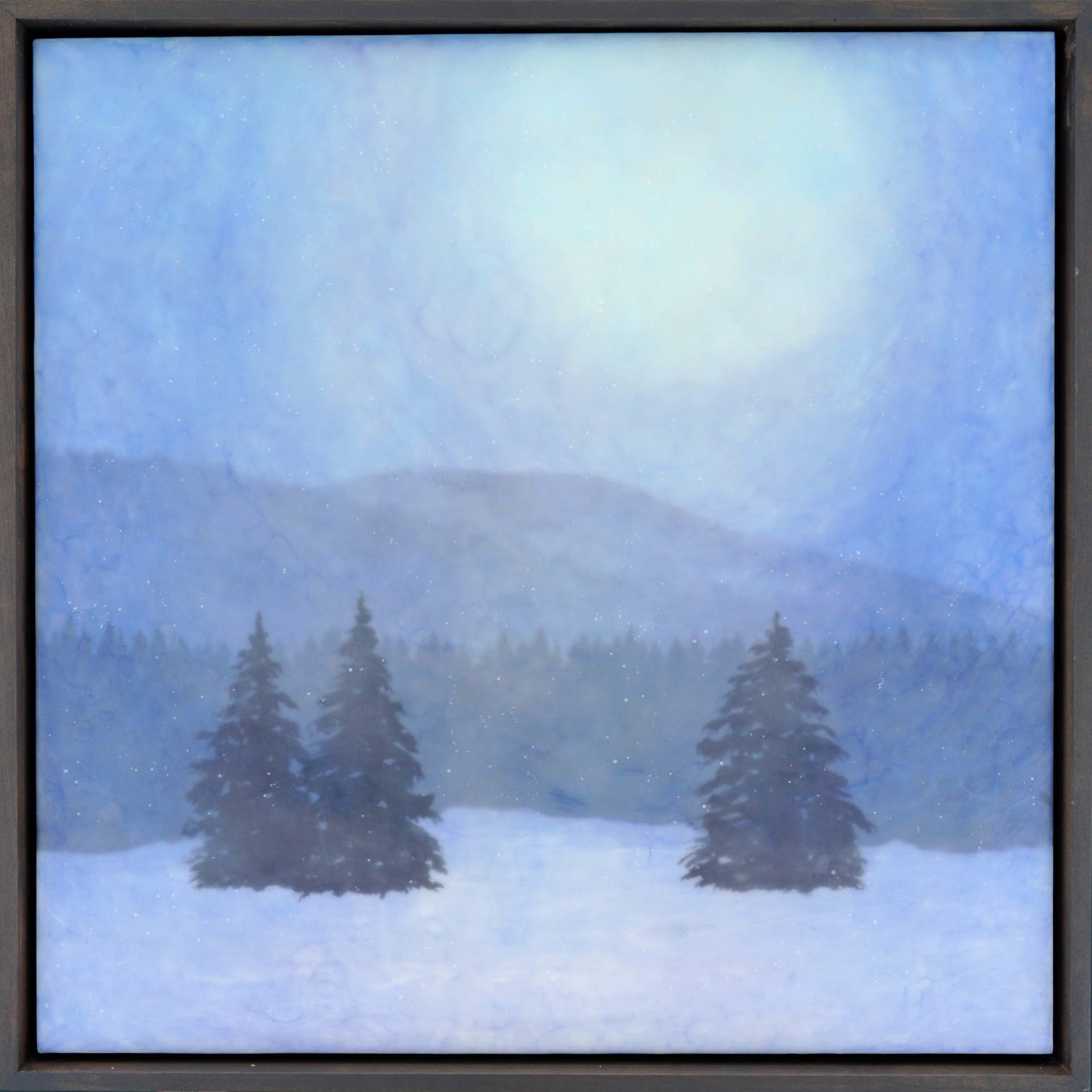 Original Encaustic Painting By Bridgette Meinhold Featuring A Snowy Rolling Hill Landscape With Pine Trees