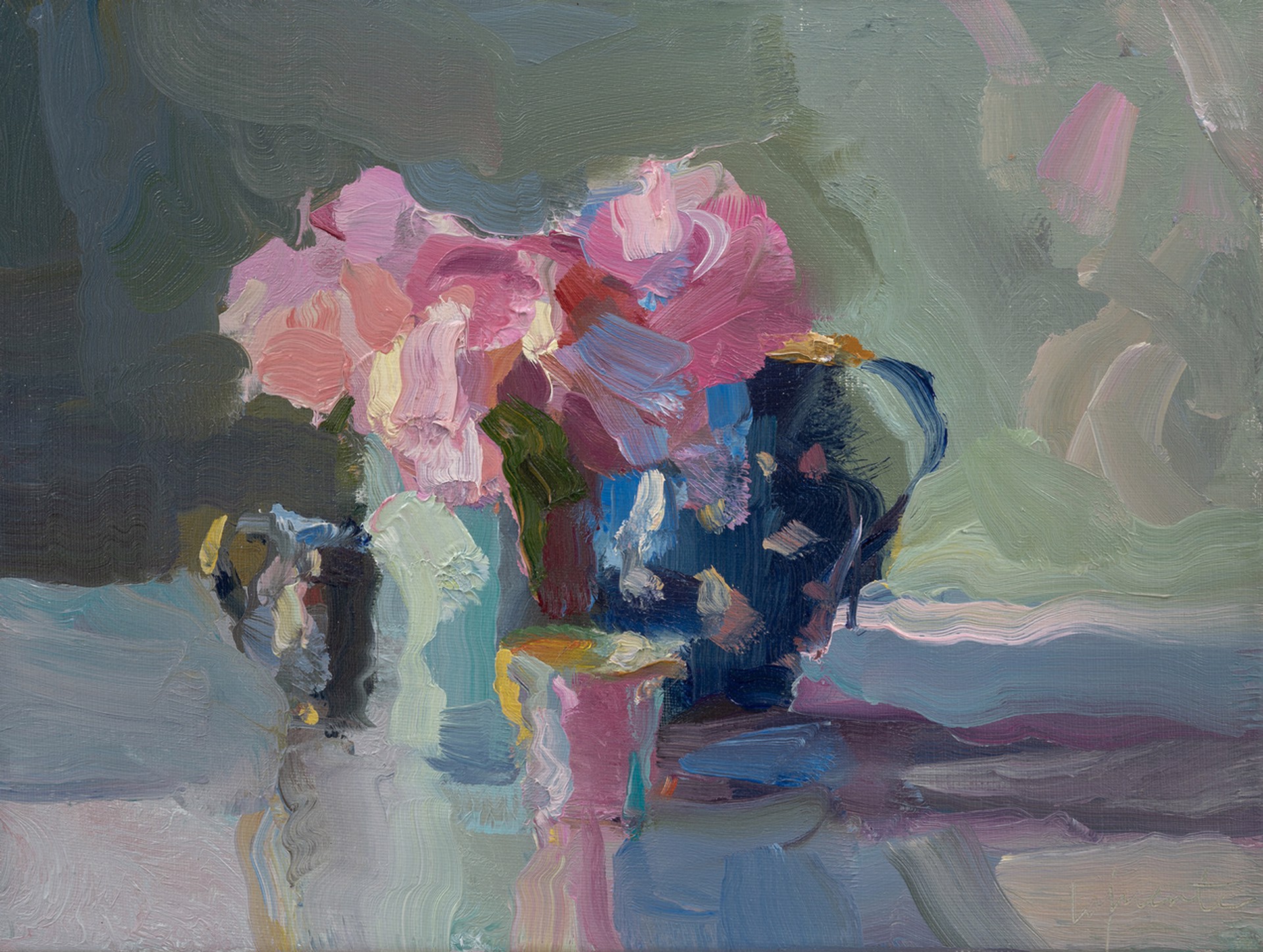 PEONIES AND BLUE PITCHER by CHRISTINE LAFUENTE