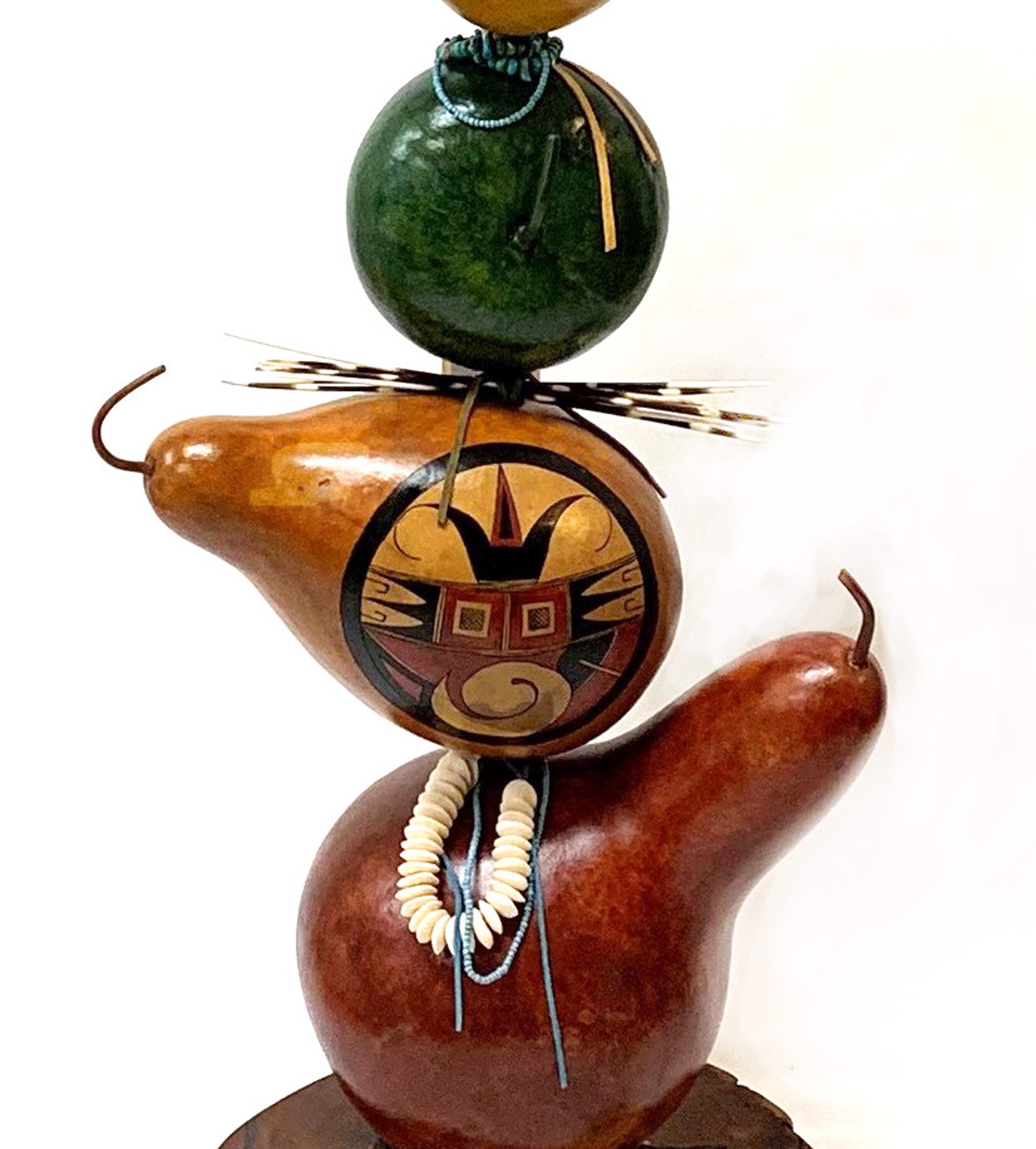 Quail Gourd Totem with Beads, Leather, Porcupine Quills by Gary & Glenis Leitch