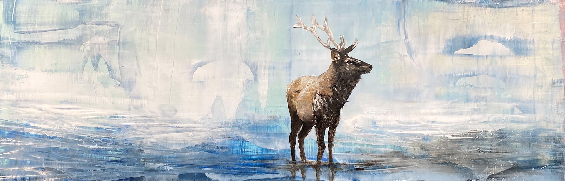 Original Oil Painting By Jenna Von Benedikt Featuring A Bull Elk Standing On Abstracted Landscape In Cool Blues