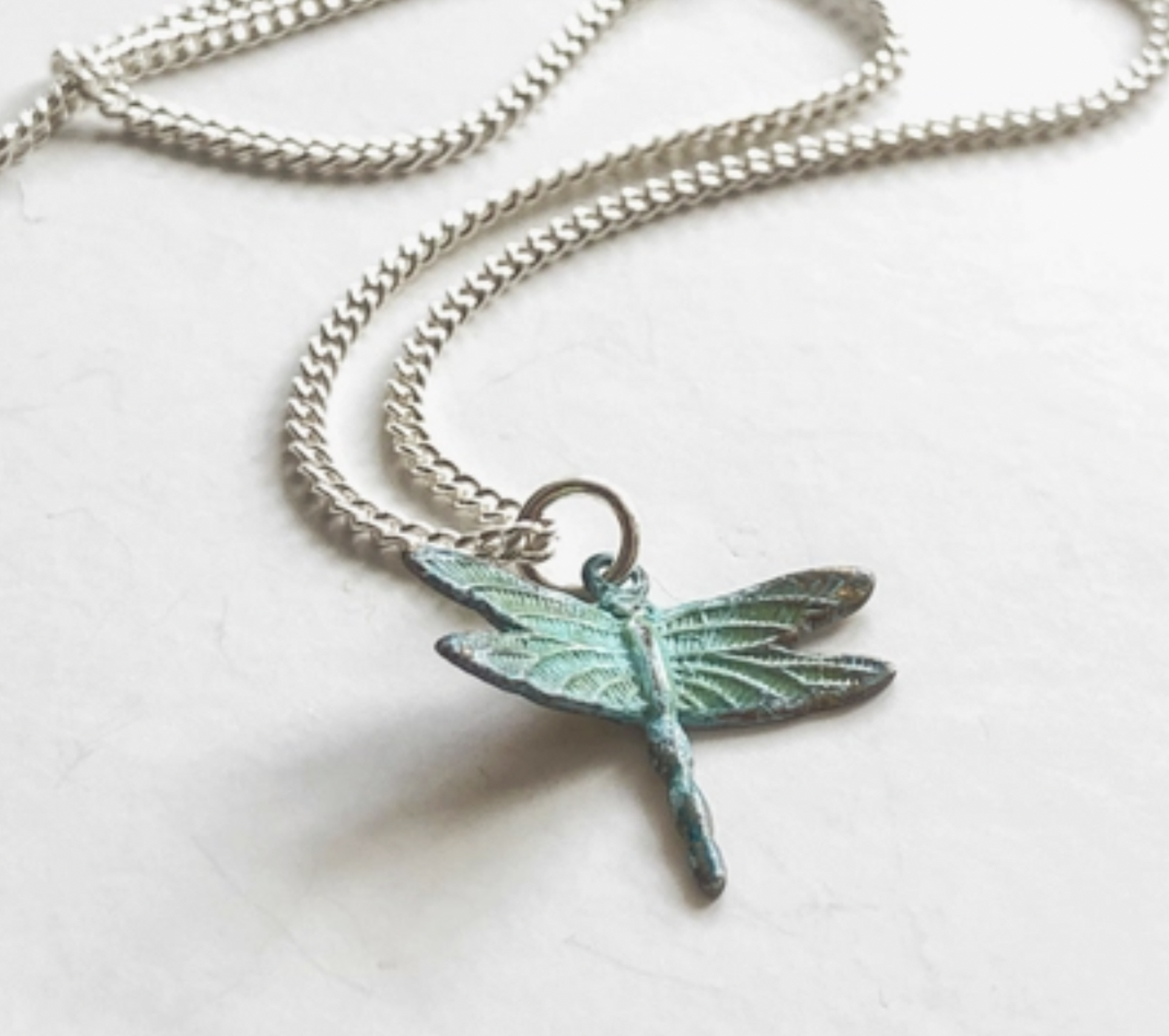 Tiny Verdigris Dragonfly Necklace by ssd jewelry