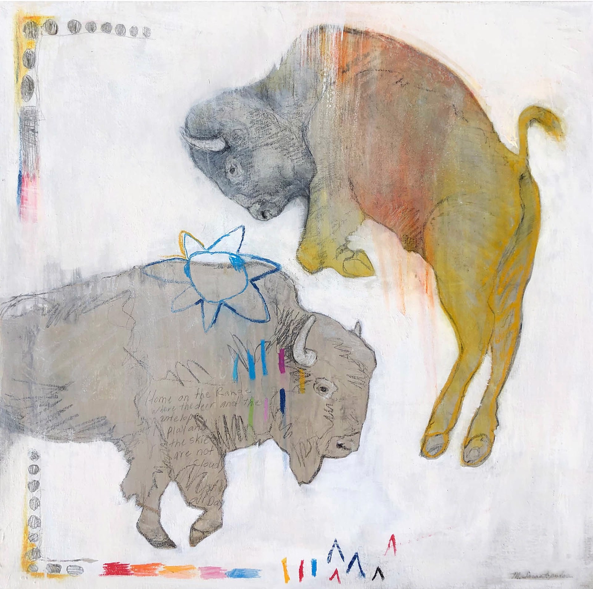 Original Mixed Media Painting Featuring A Walking Bison And A Leaping Bison Sketched Over White Background With Rainbow Linear Details