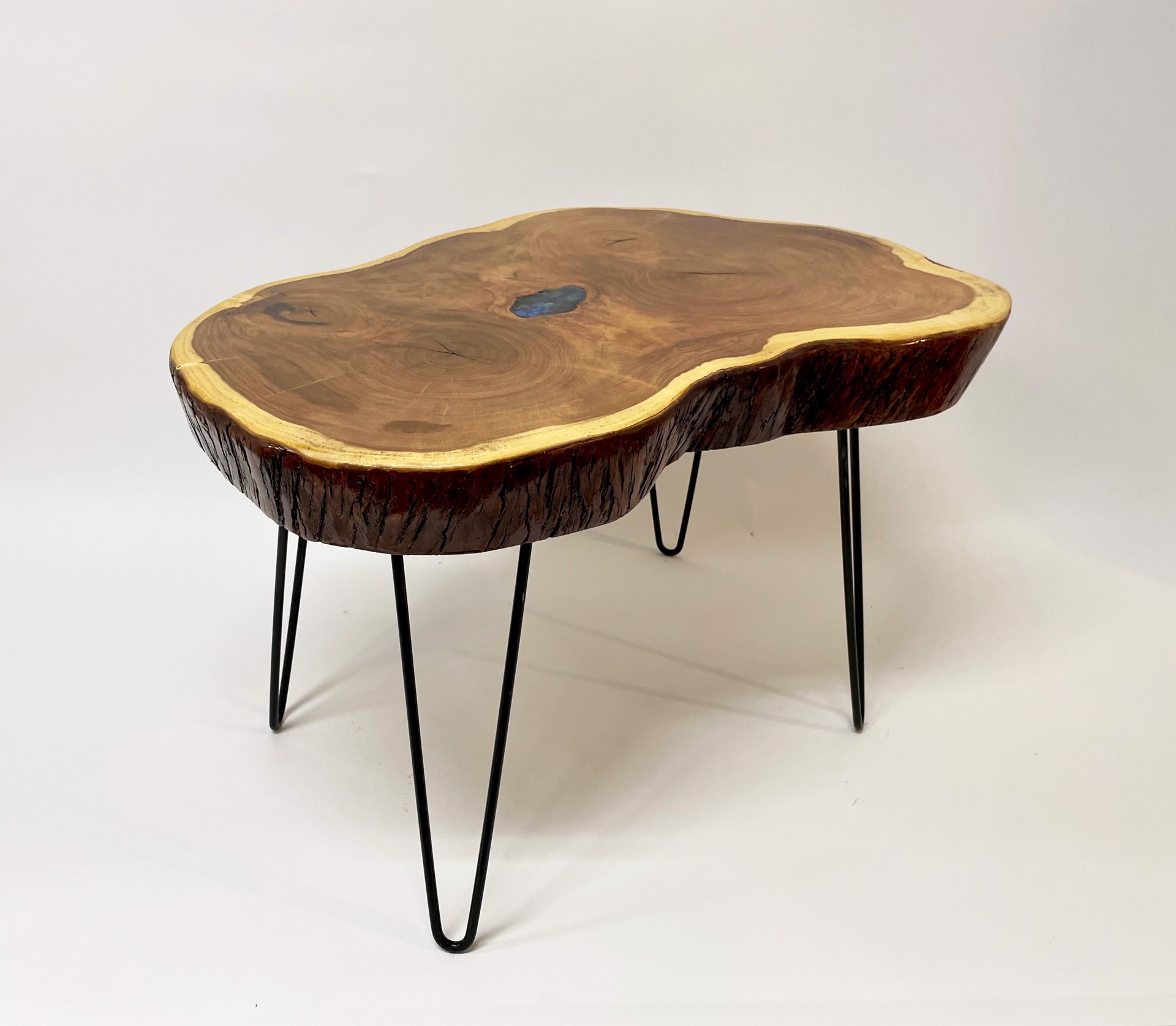 Small Slab Mesquite & Blue Resin Spindle Leg Table by Kirk Allan