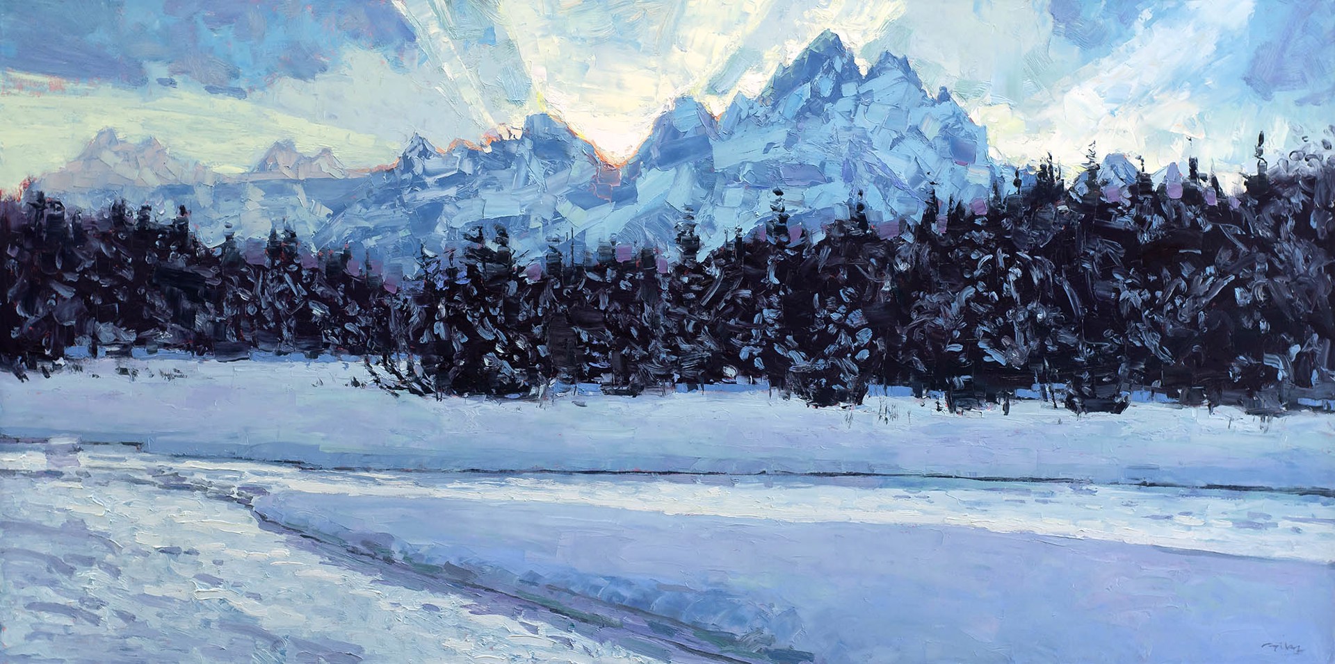 Original Oil Painting By Silas Thompson Featuring A The Teton Mountain Range Across The Snake River In Blue Color Scheme