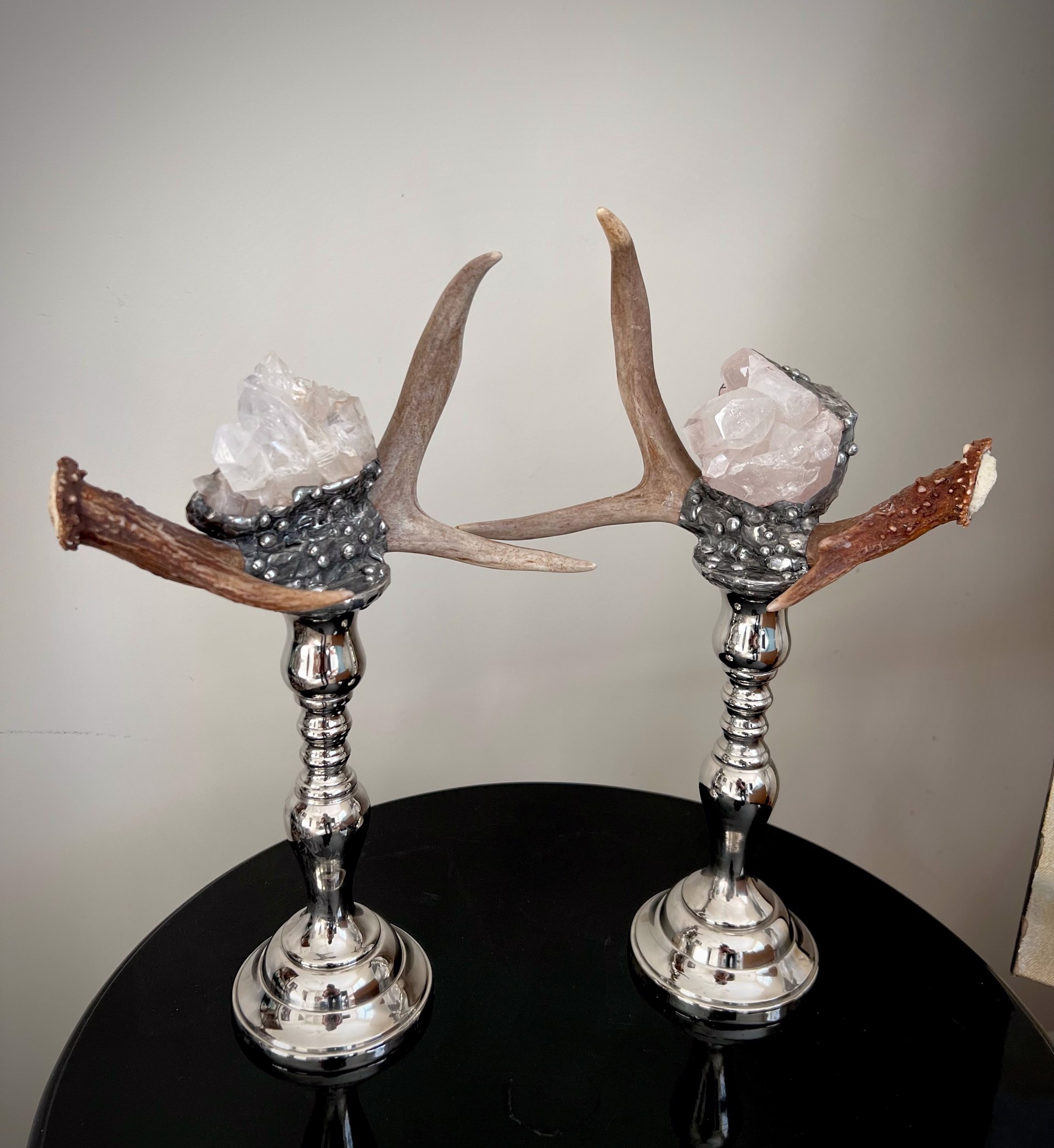 White Tail Antlers on Silver Candlesticks by Trinka 5 Designs