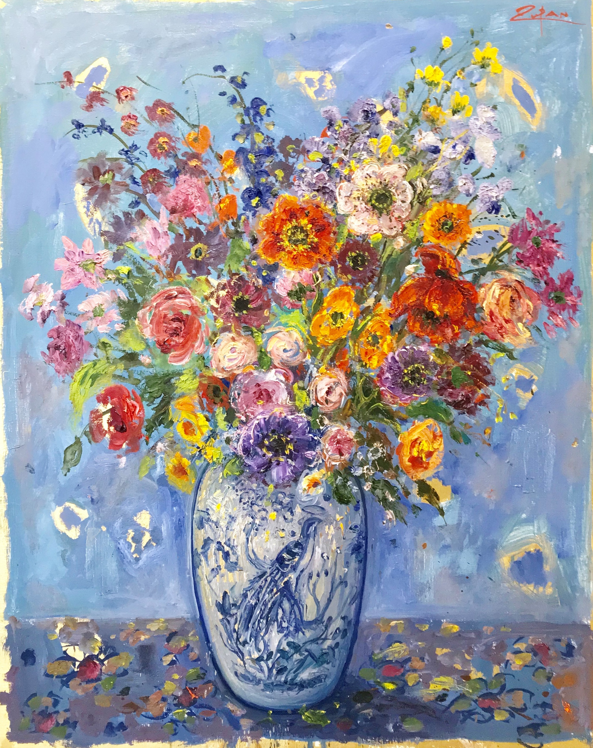 Bouquet on Blue Ground, Bird Vase by Bruno Zupan