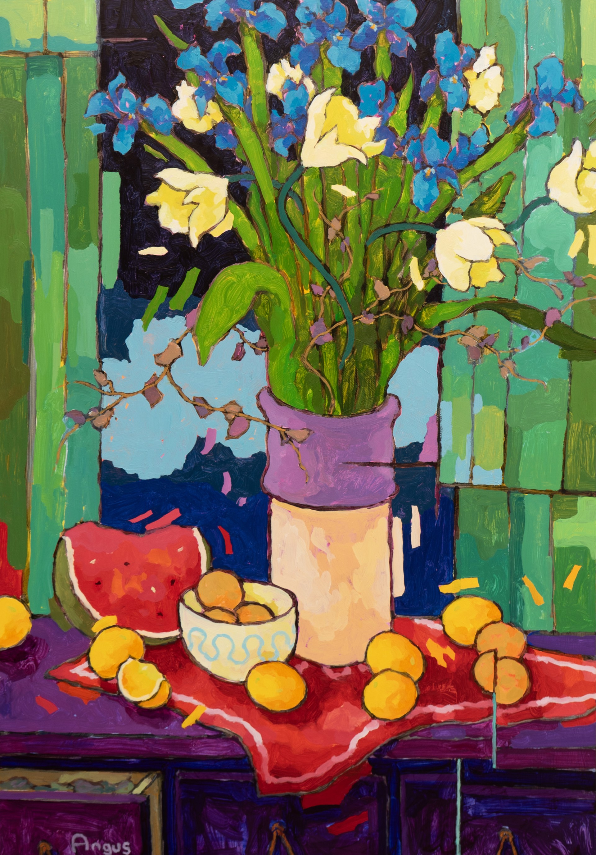Iris & Apricots over Purple Table by Angus
