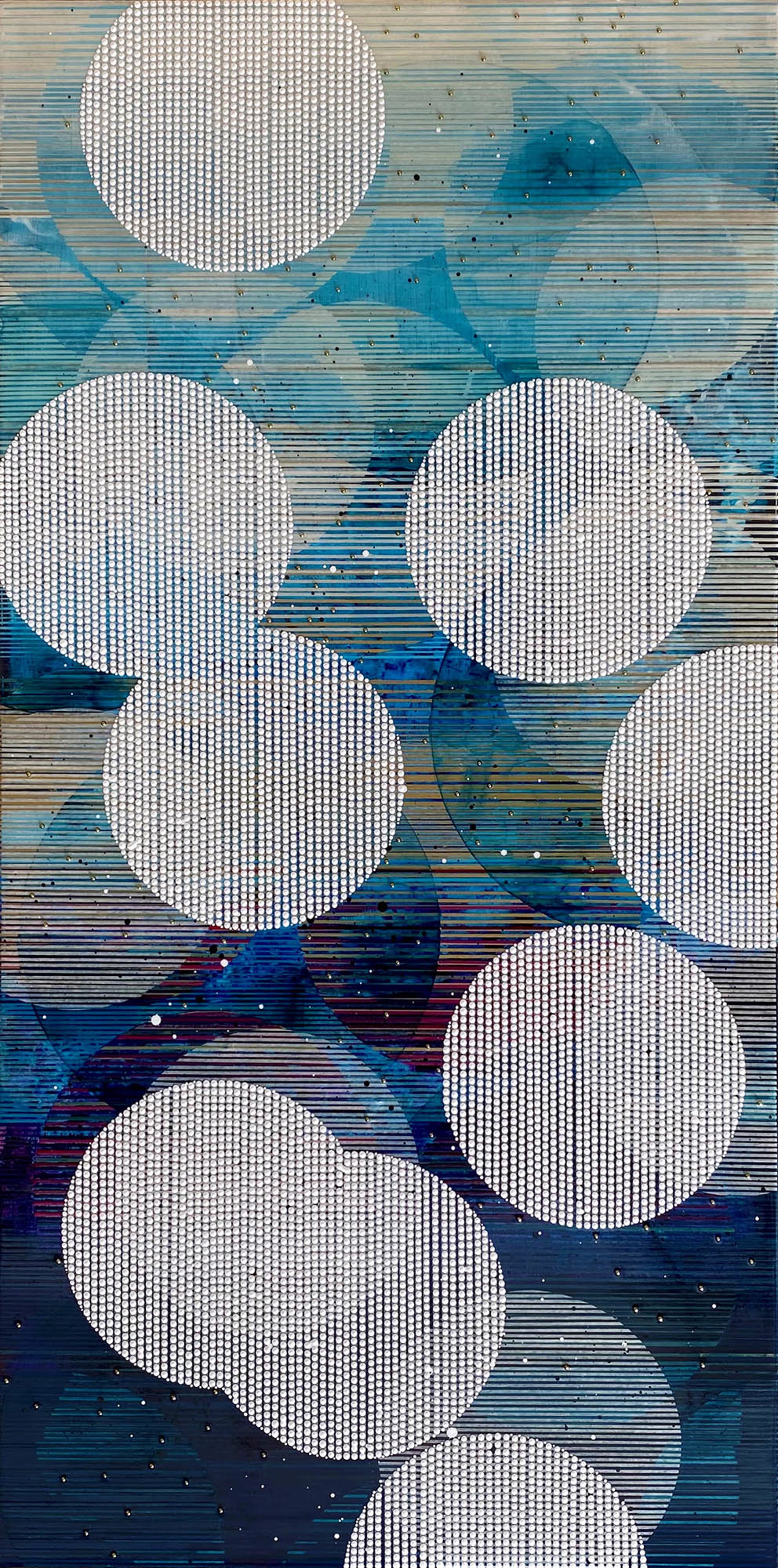 Original Mixed Media Abstract Painting In Blues With Circle Motifs