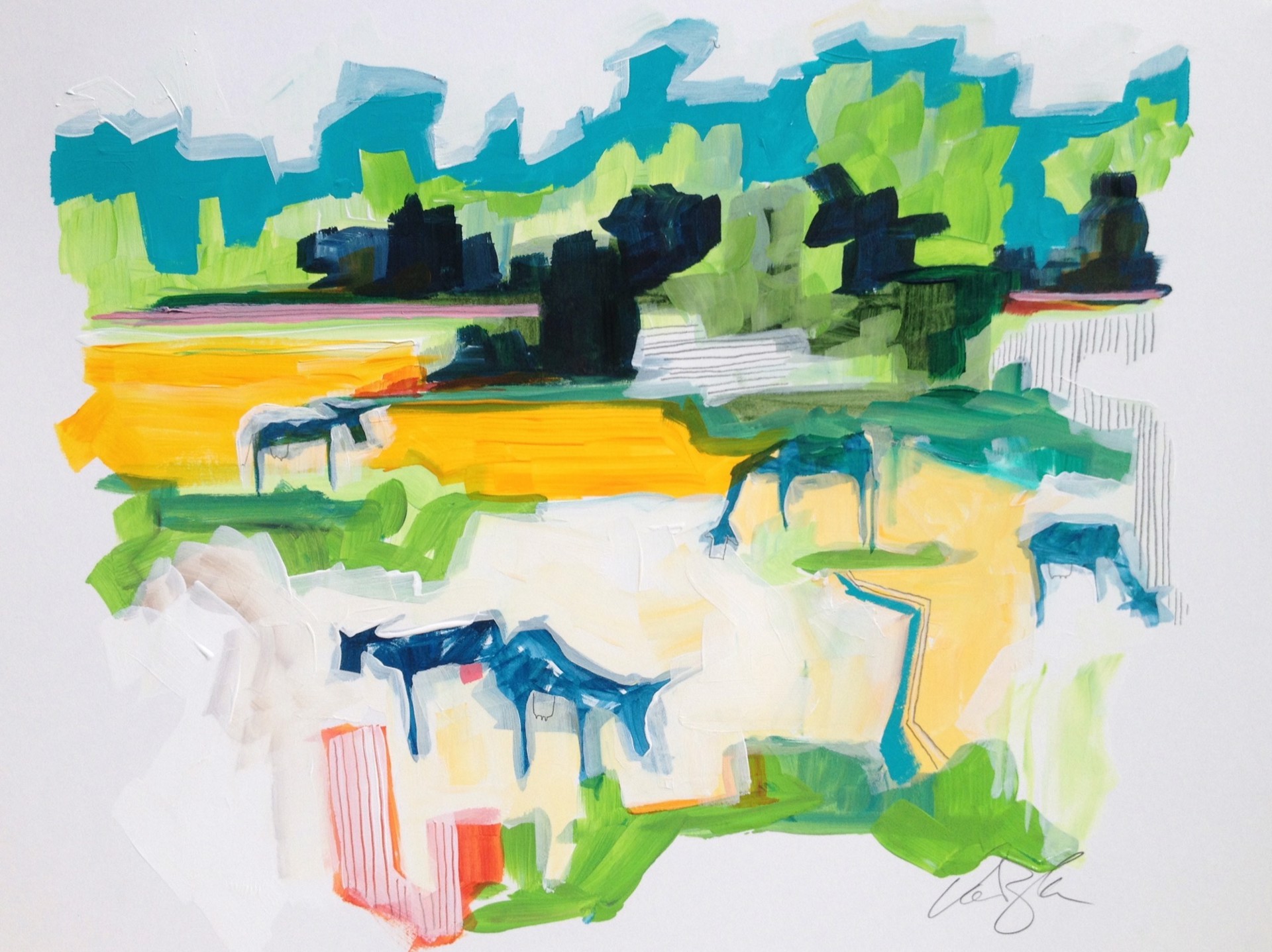 Vaches bleues dans le champs jaune by Rachael Van Dyke