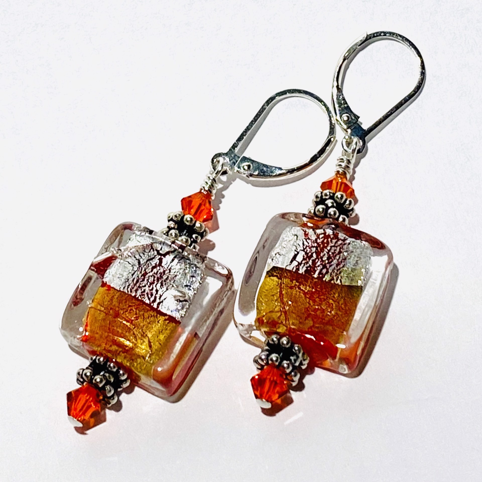Orange and Silver Art Glass Earrings, E77 by Shoshannah Weinisch